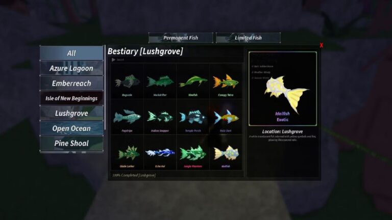 100% completed [Lushgrove] Bestiary | Fisch (Image via Roblox)