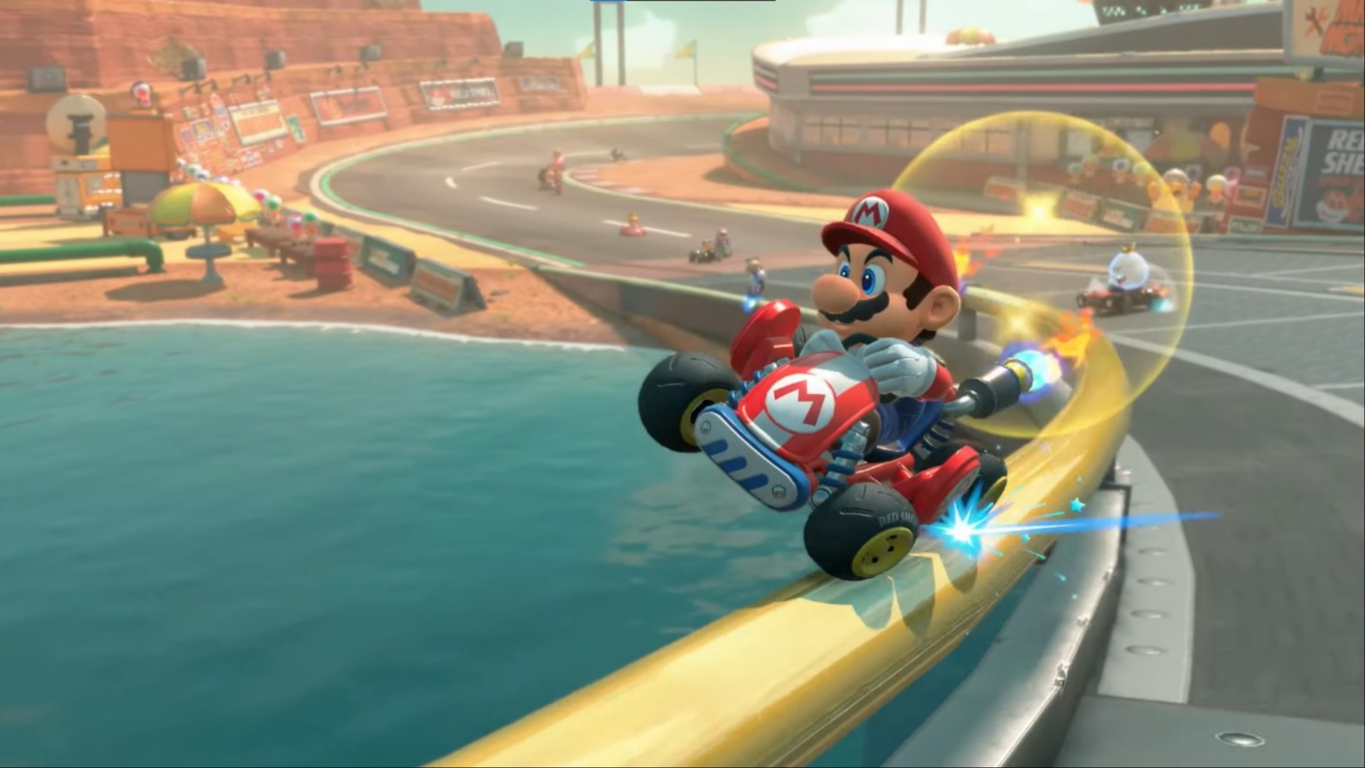 Mario driving on a railing (Image via Nintendo)