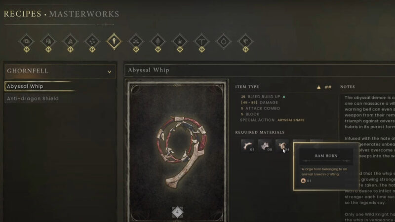 Ram Horns is necessary to craft weapons such as the Abyssal Whip
