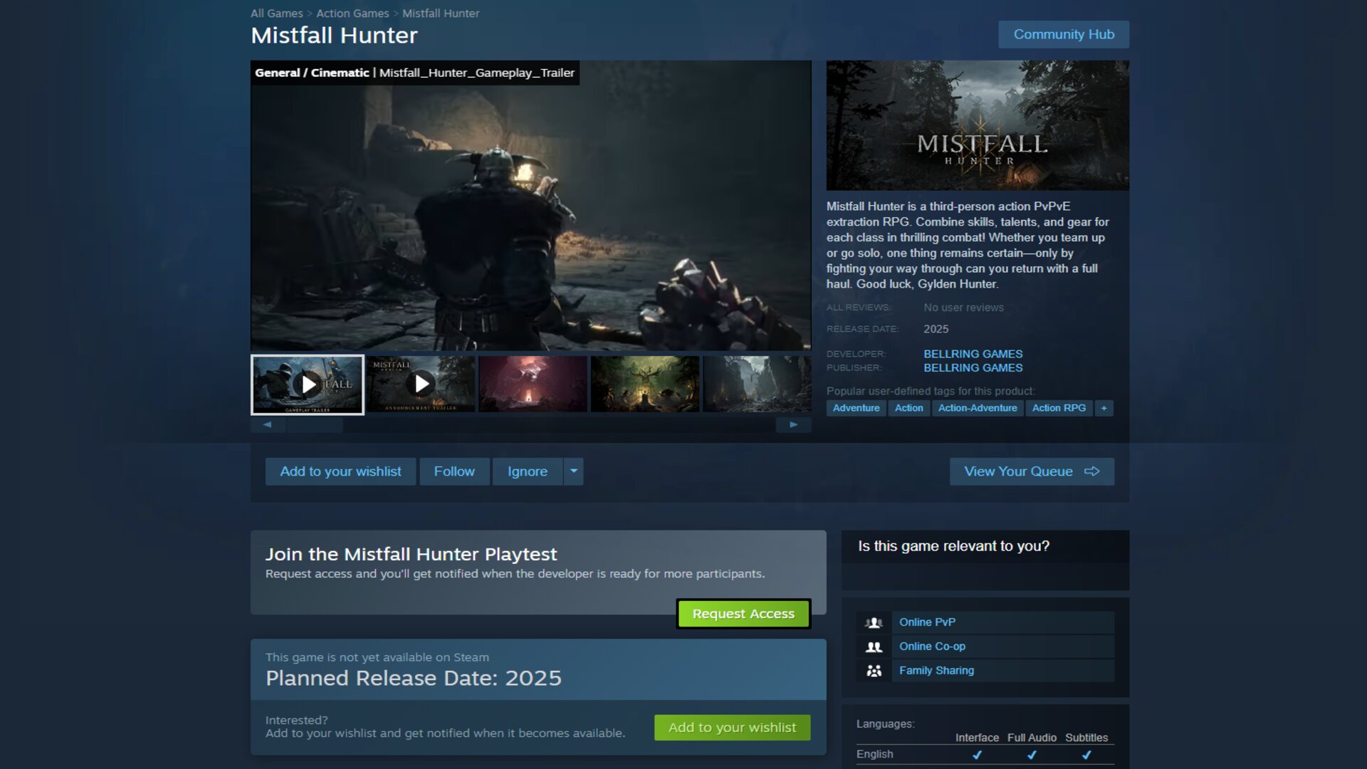 Request access for the Mistfall Hunter Playtest on Steam.