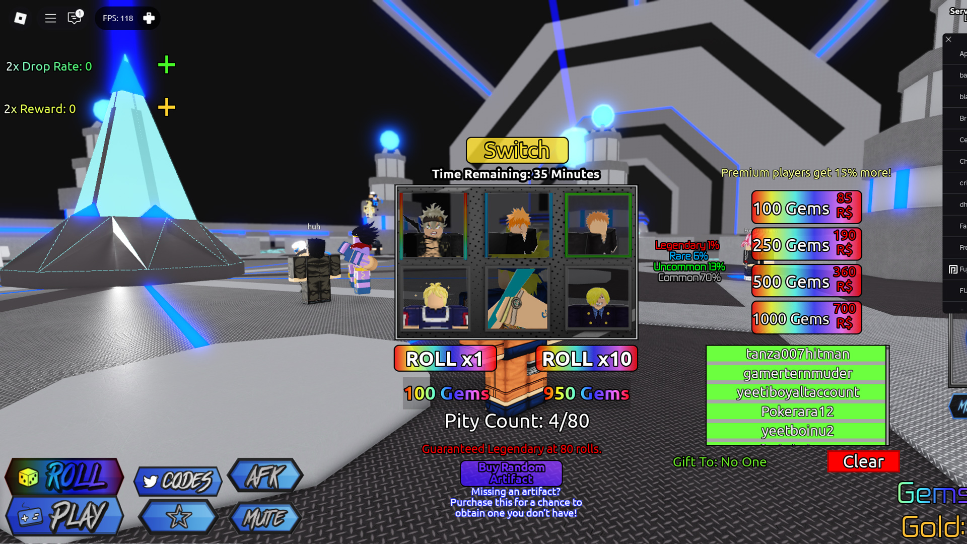 Roll using Gems. (Image via Roblox Corporation)