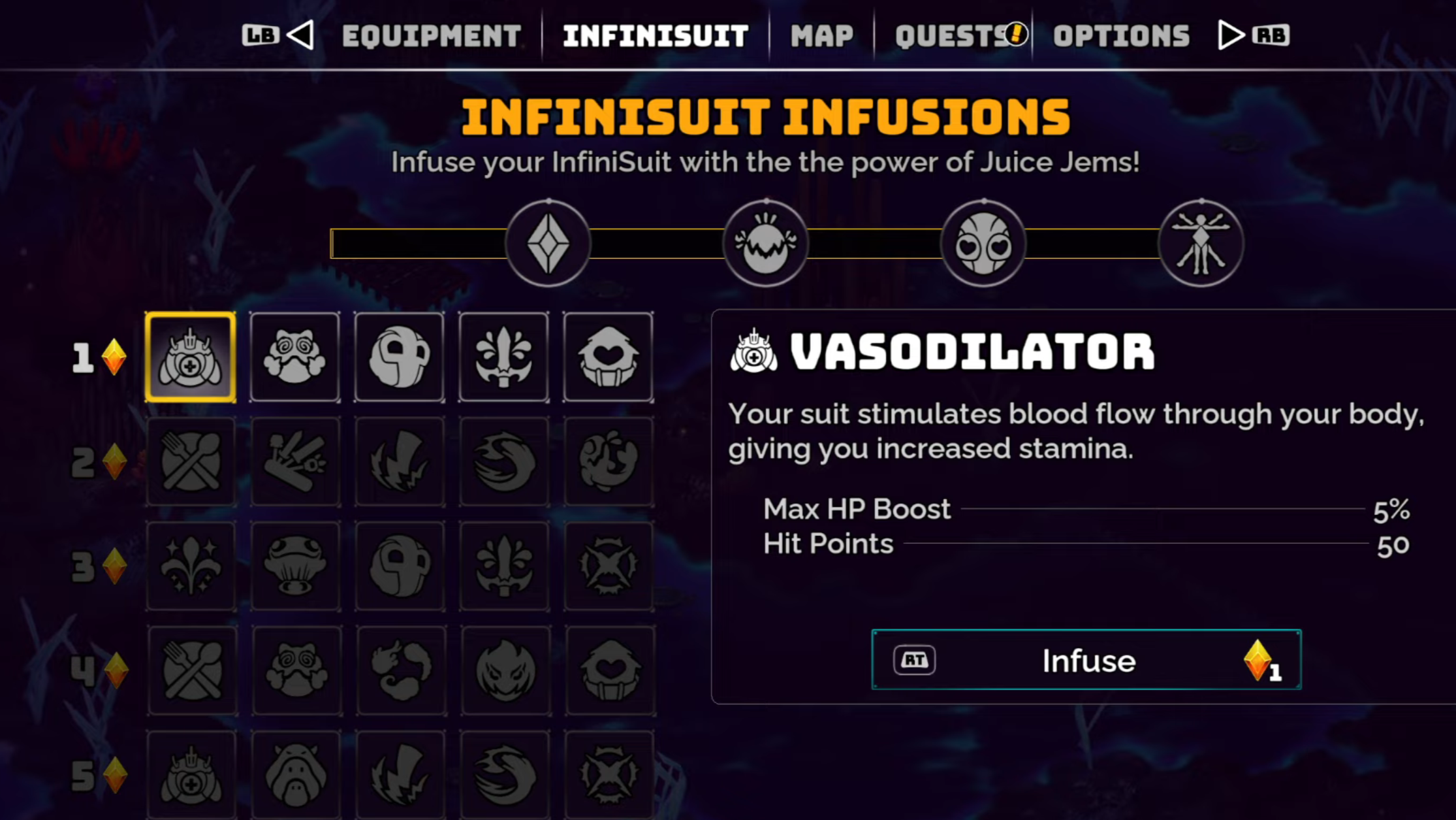 Upgrade Infinitsuit with Juice Jems in Crashlands 2