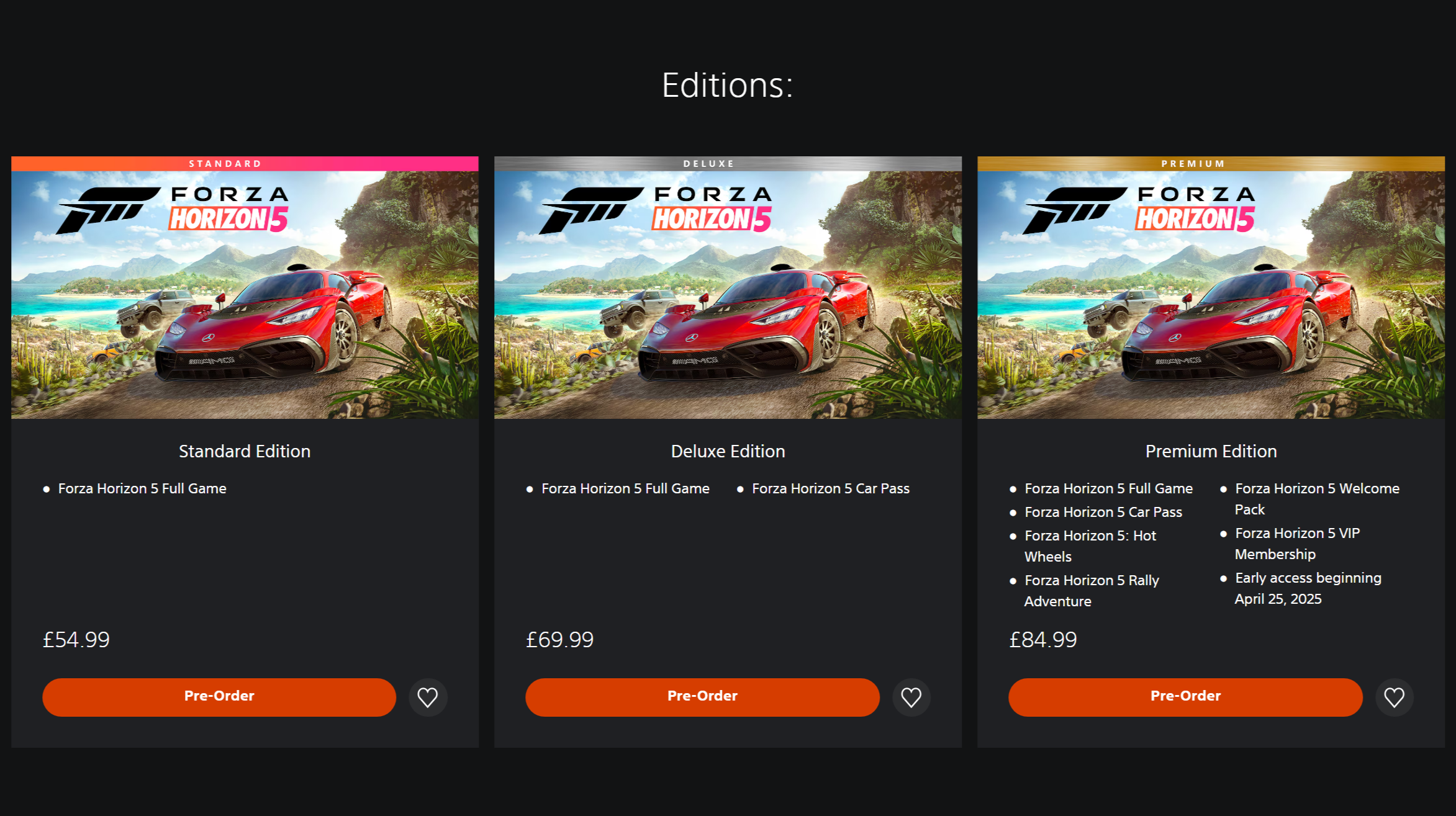 All editions in Forza Horizon 5 PS5