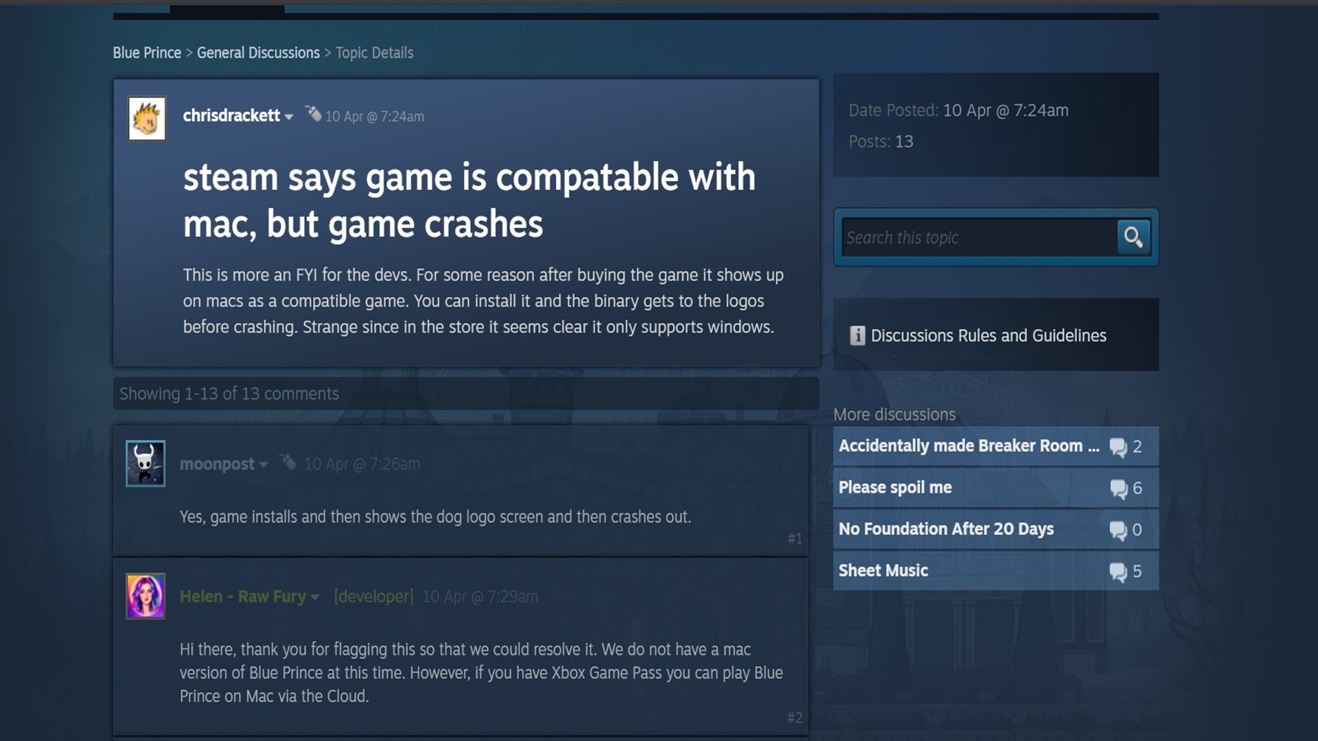 Steam General Discussion Forum of Blue Prince. (Source: Steam)