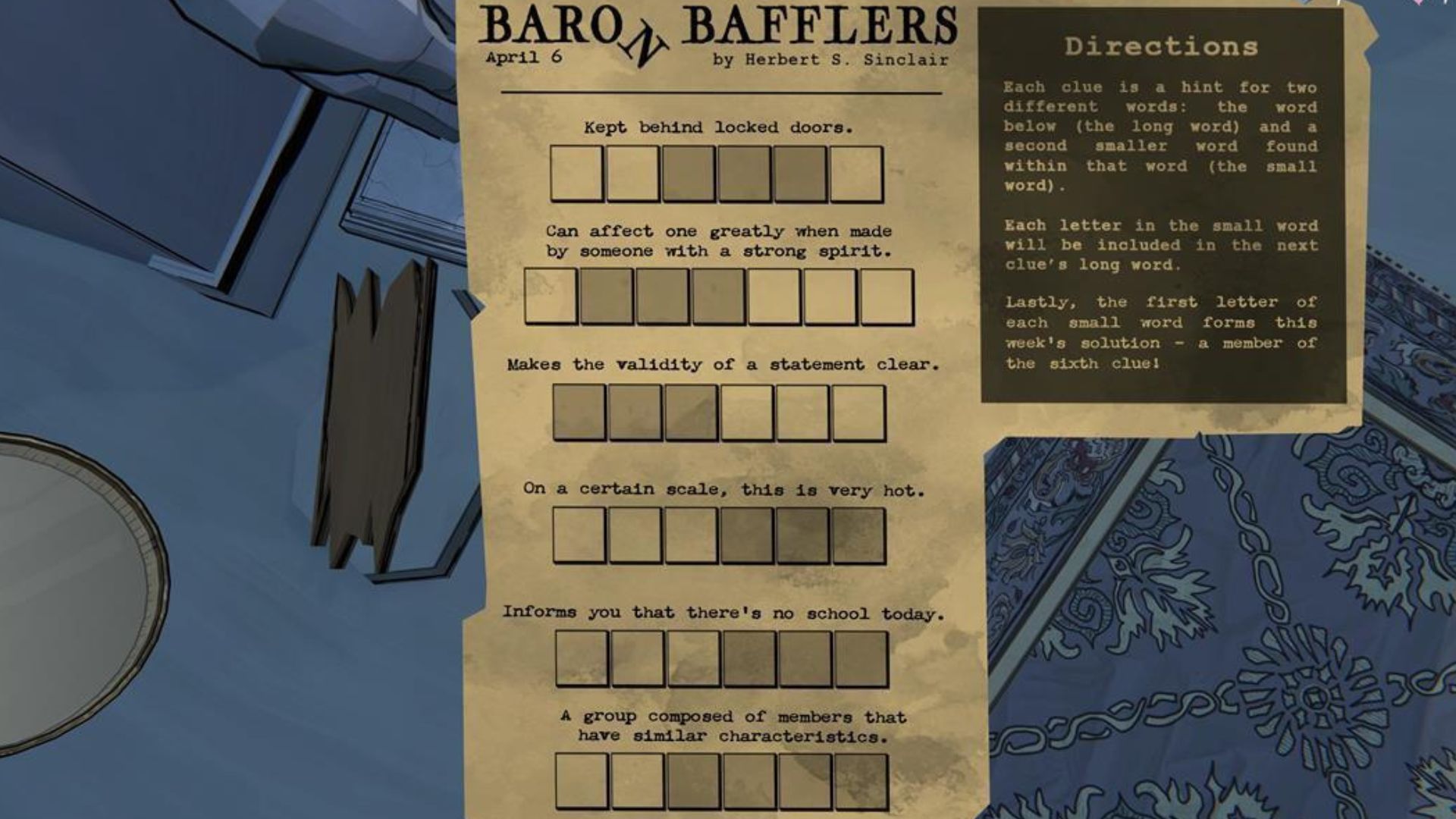 You will solve for two words per clue. (Image via Raw Fury)