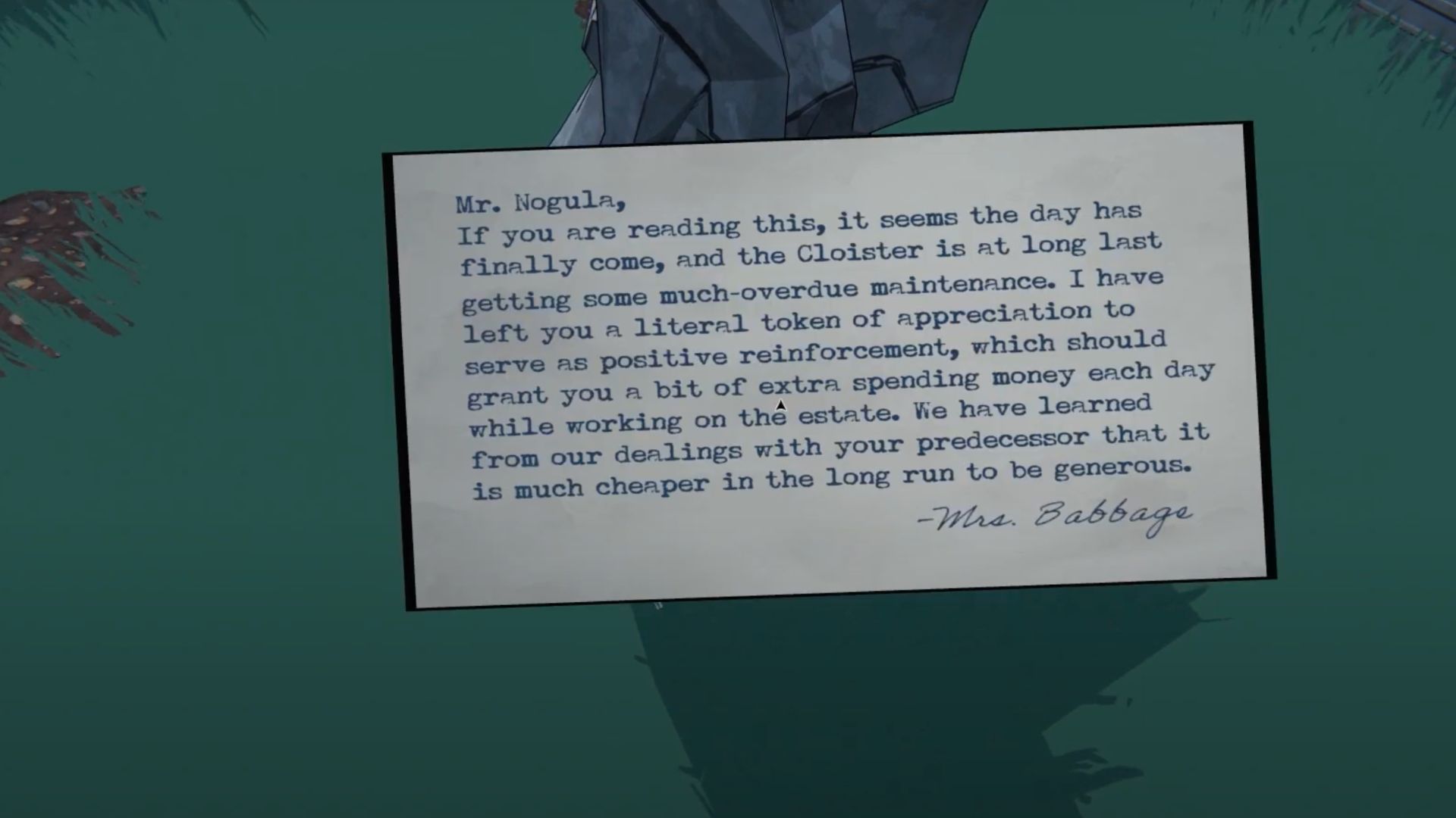 Reward no. 3 in Blue Prince Cloister Room Statue: a letter from Mrs. Babbage to Mr. Nogula. (Raw Fury, @No Nonsense Guides/YouTube)