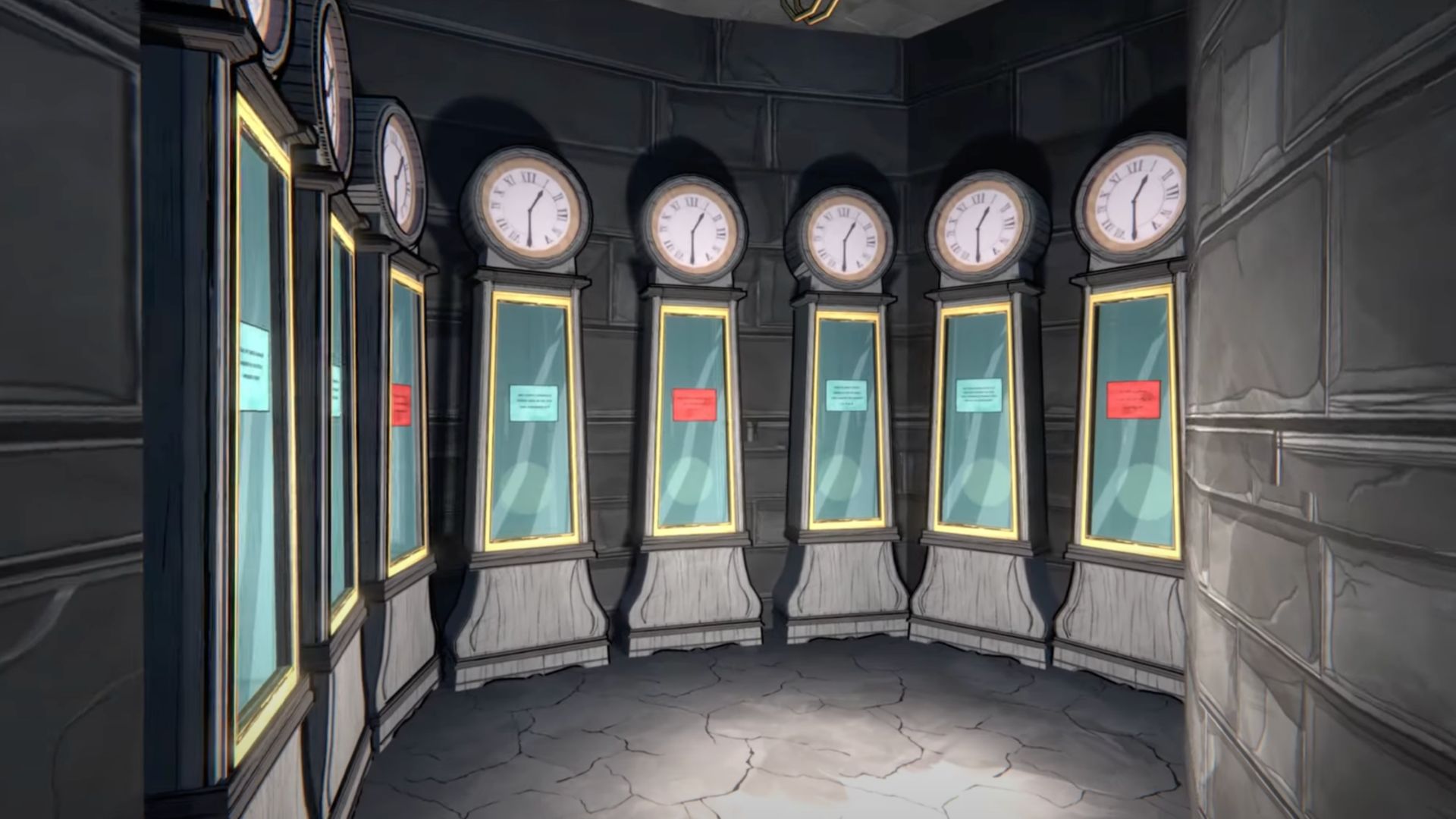 A group of eight grandfather clocks. (Image via Raw Fury)