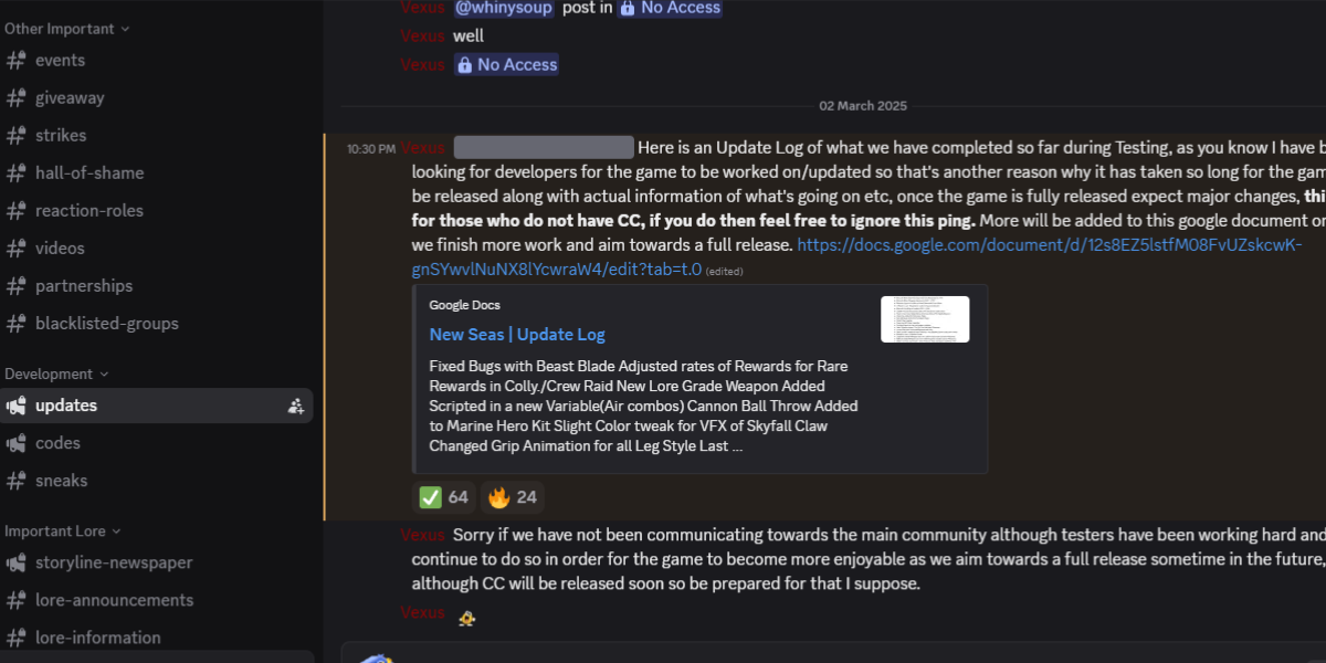 The game's official Discord channel has plenty of updates (Image via Discord | New Seas)