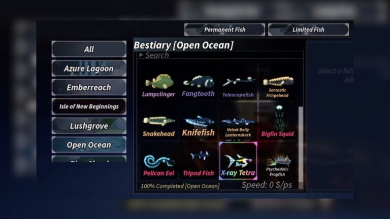 100% Complete Open Ocean Bestiary - Fisch (Image via Roblox)