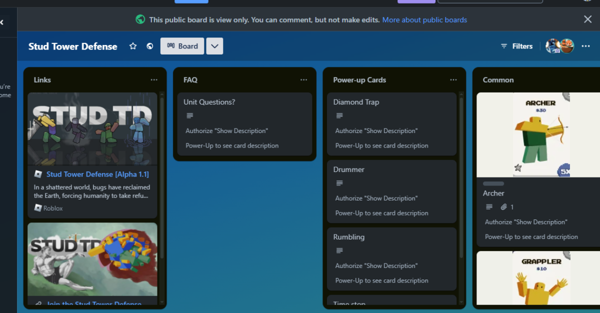 The game's Trello board has various cards that include information and update (Image via Trello)