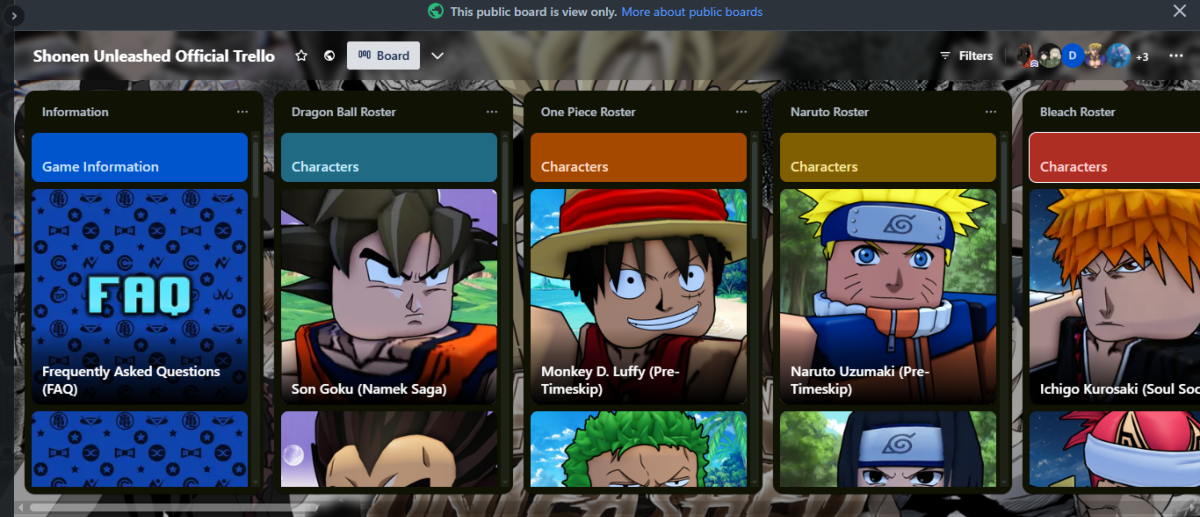 The game's Trello board features various categories (Image via Trello | Shonen Unleashed)