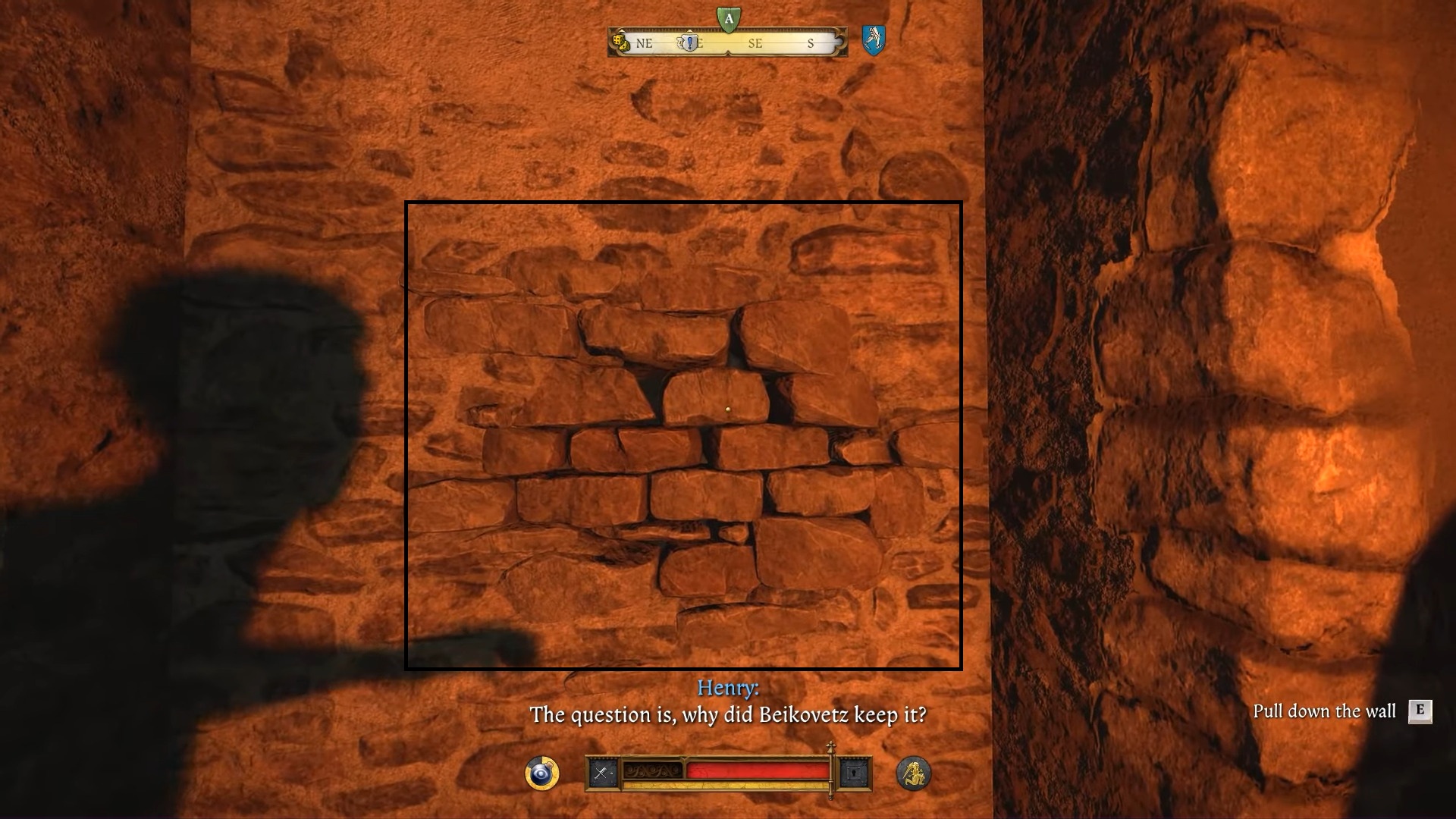 Interact with the wall as shown above (Image via Deep Silver and @ConCon/YouTube) The German's Treasure in Kingdom Come Deliverance 2