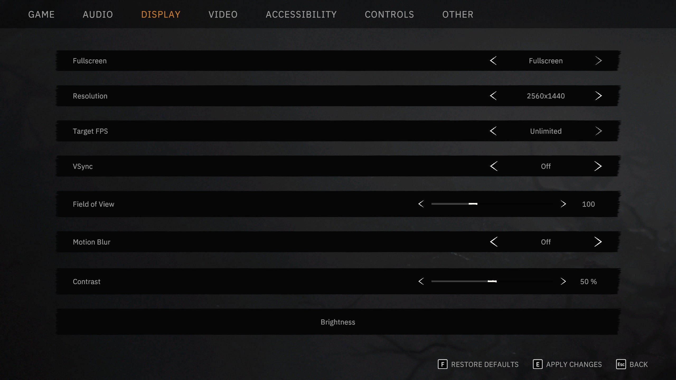 Settings page for Tainted Grail