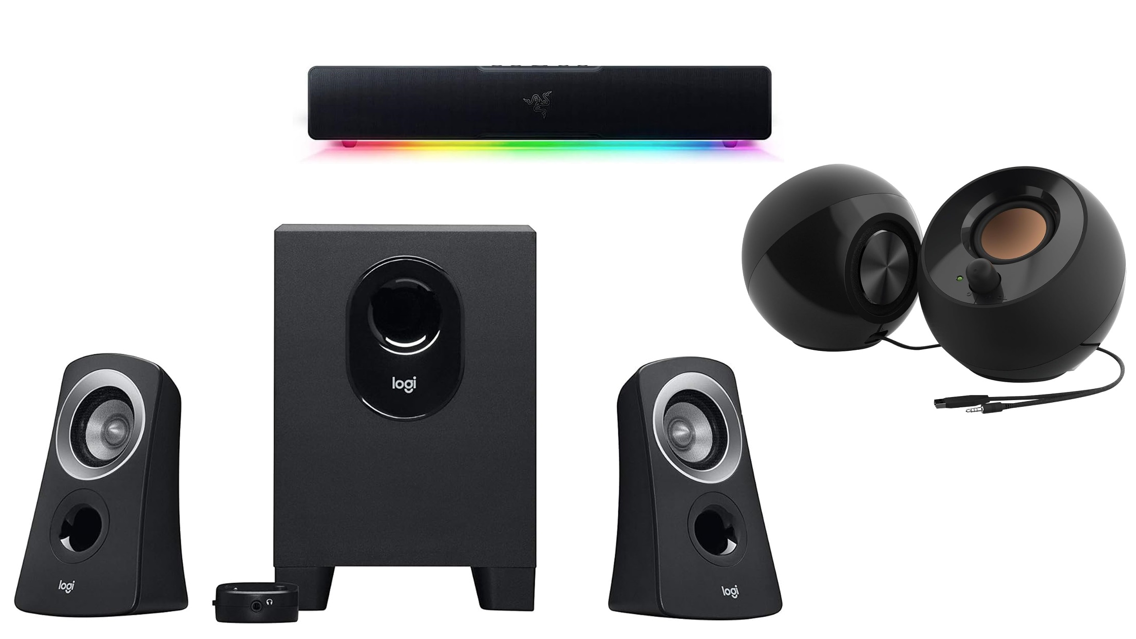 Picture of a range of different speakers for desktop PC