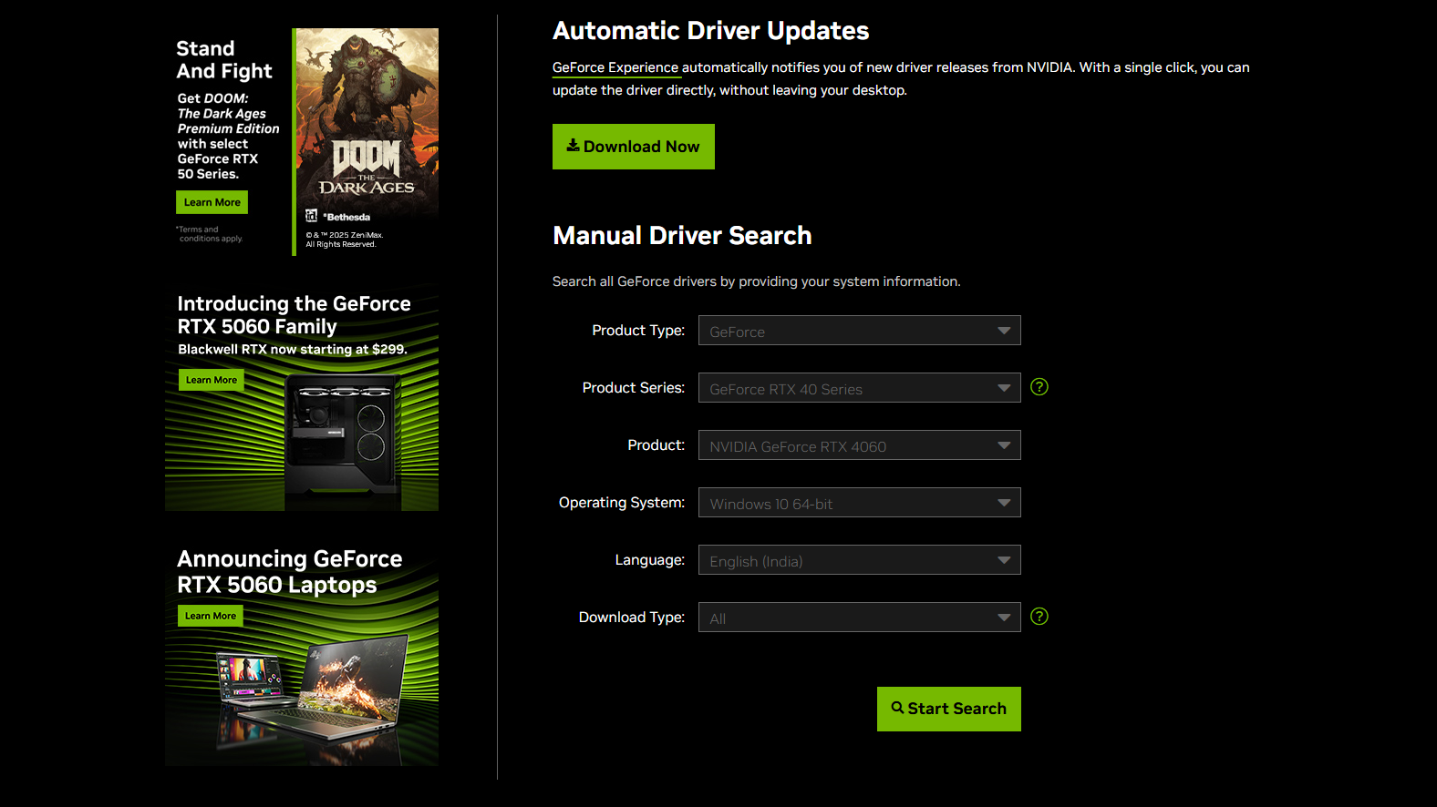 PIcture of The Nvidia GPU driver download page