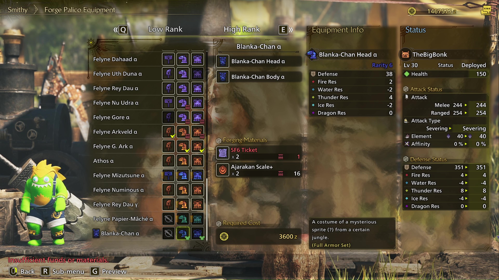 All Pieces in the Blanka-Chan α Set For Palico in Monster Hunter Wilds.