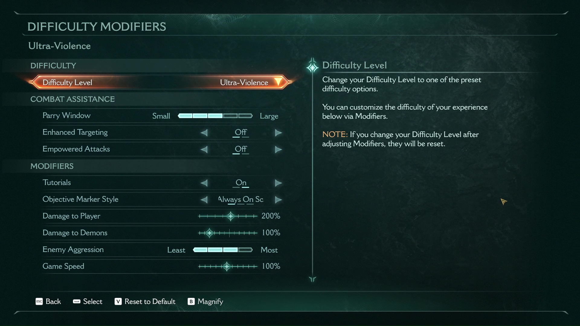 Changing difficulty settings before starting a chapter in DOOM The Dark Ages.
