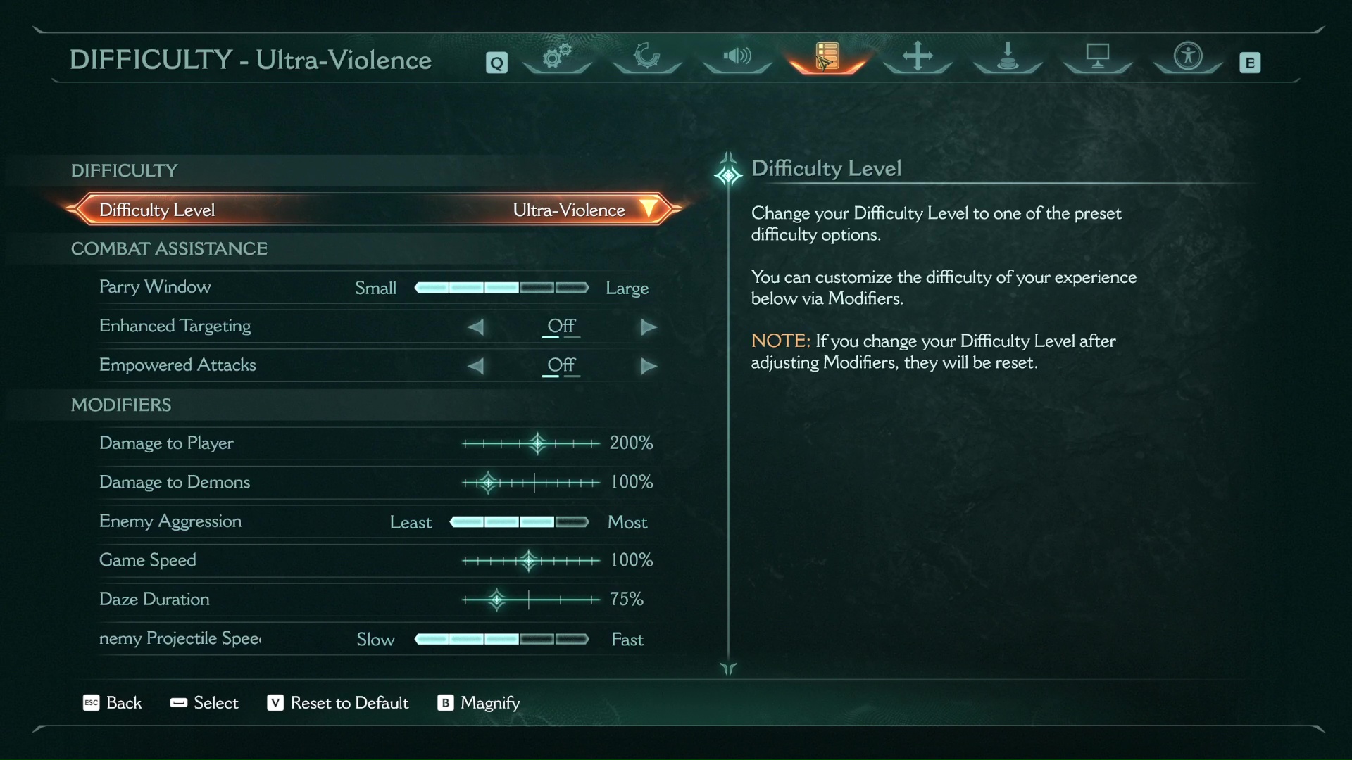 Changing difficulty settings during a chapter in DOOM The Dark Ages.