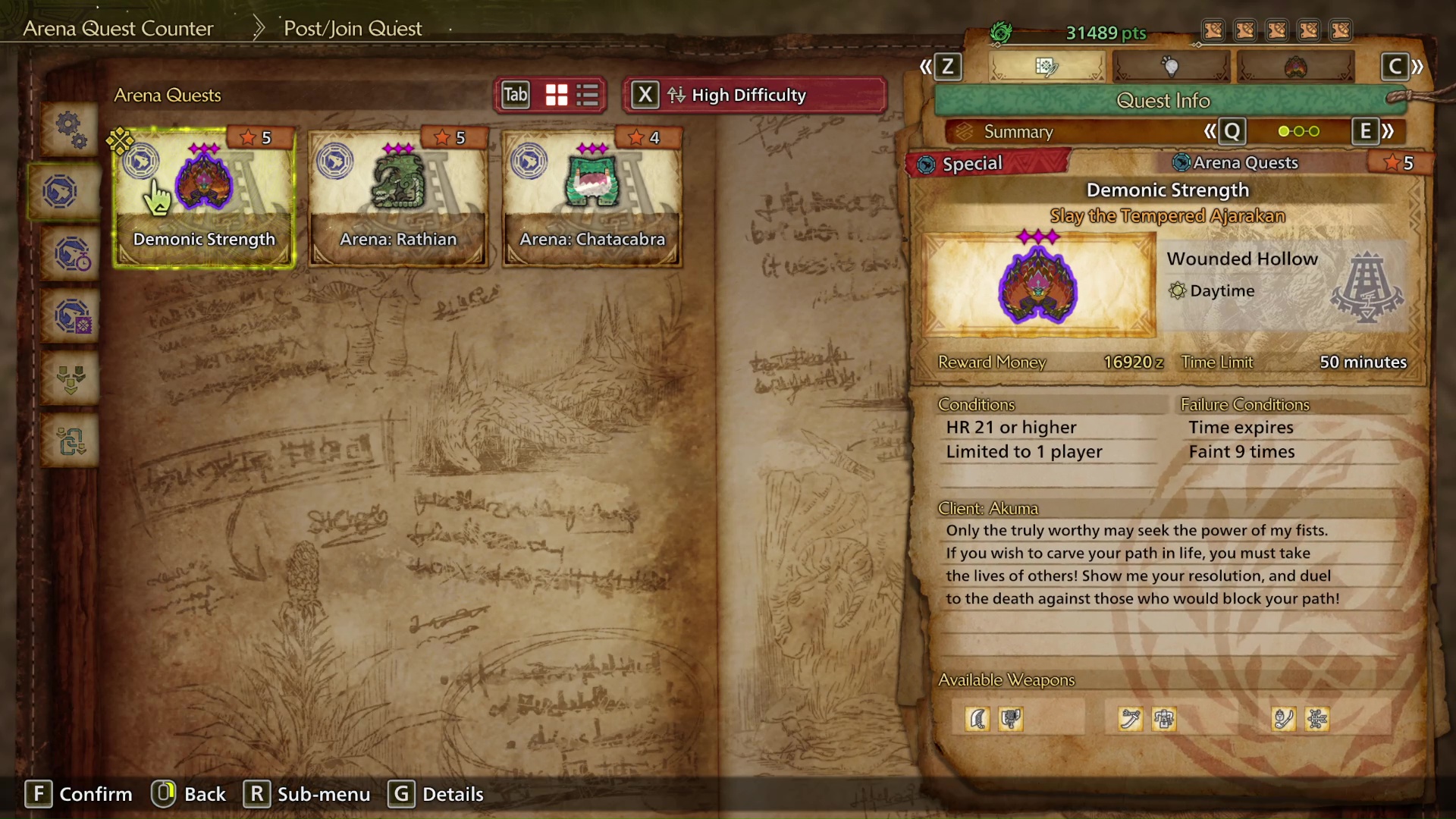 Demonic Strength Tempered Ajarakan Arena Quest in Monster Hunter Wilds Ultimate Strength Side Quest.