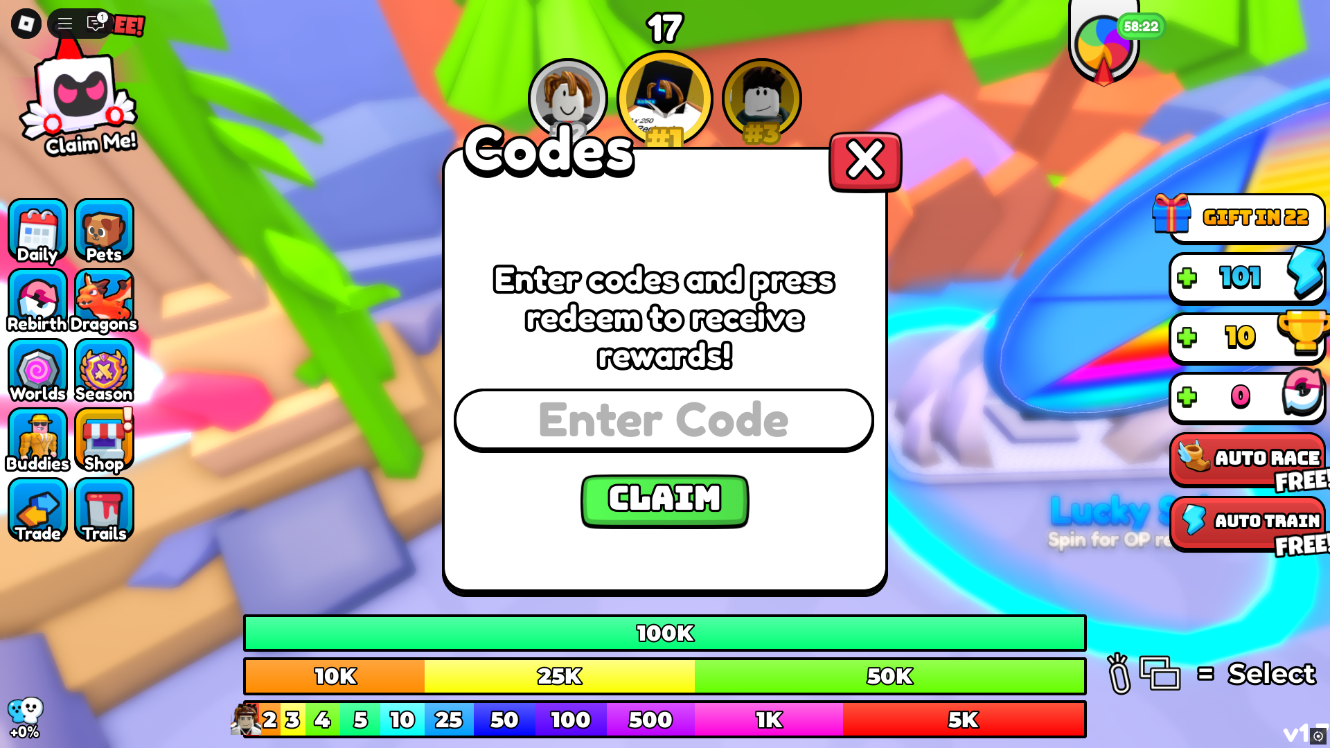 Redeeming codes in Codes area in Dragon Training (Image via Roblox)