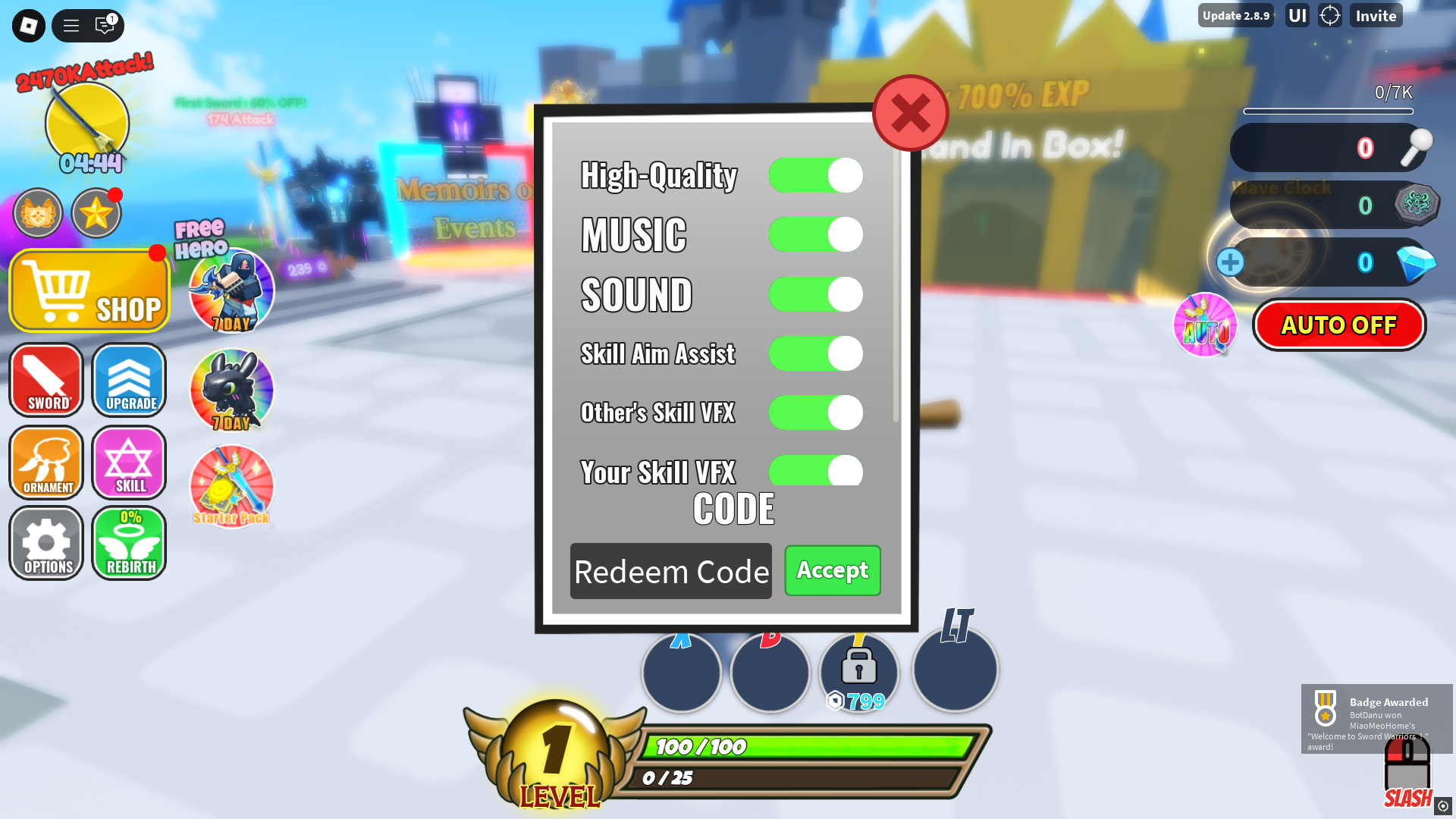 Redeeming codes in Sword Warriors (Image via Roblox)