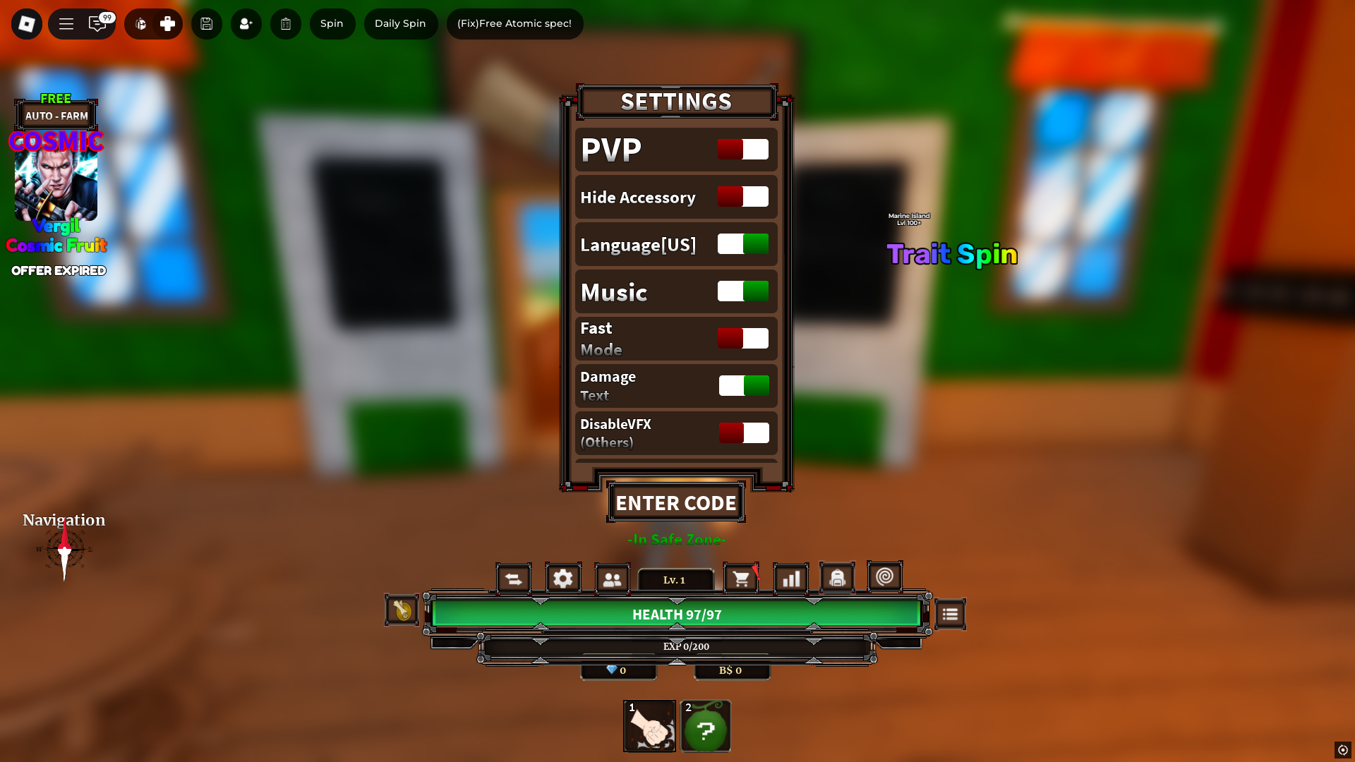 Redeeming codes in Anime Seas (Image via Roblox)