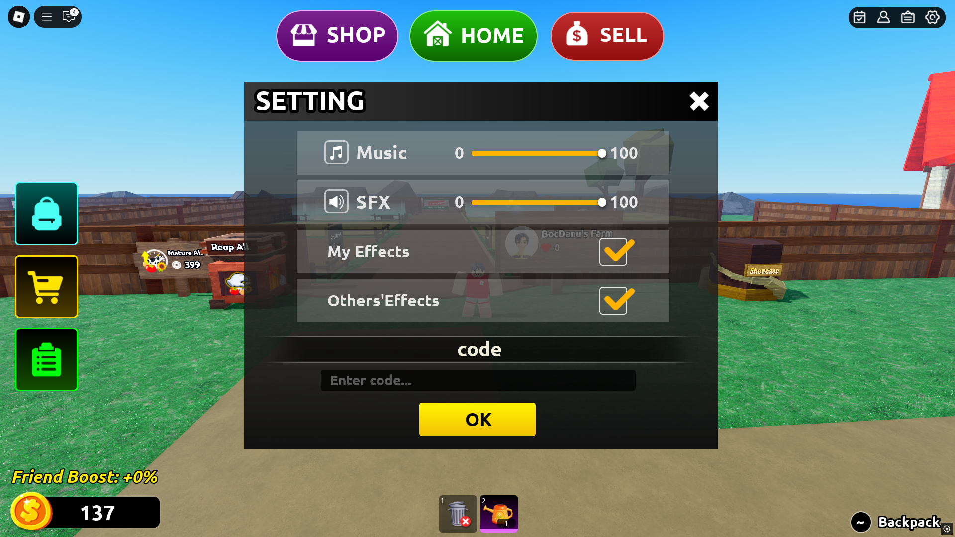 Redeeming codes in Grow Your Farm (Image via Roblox)