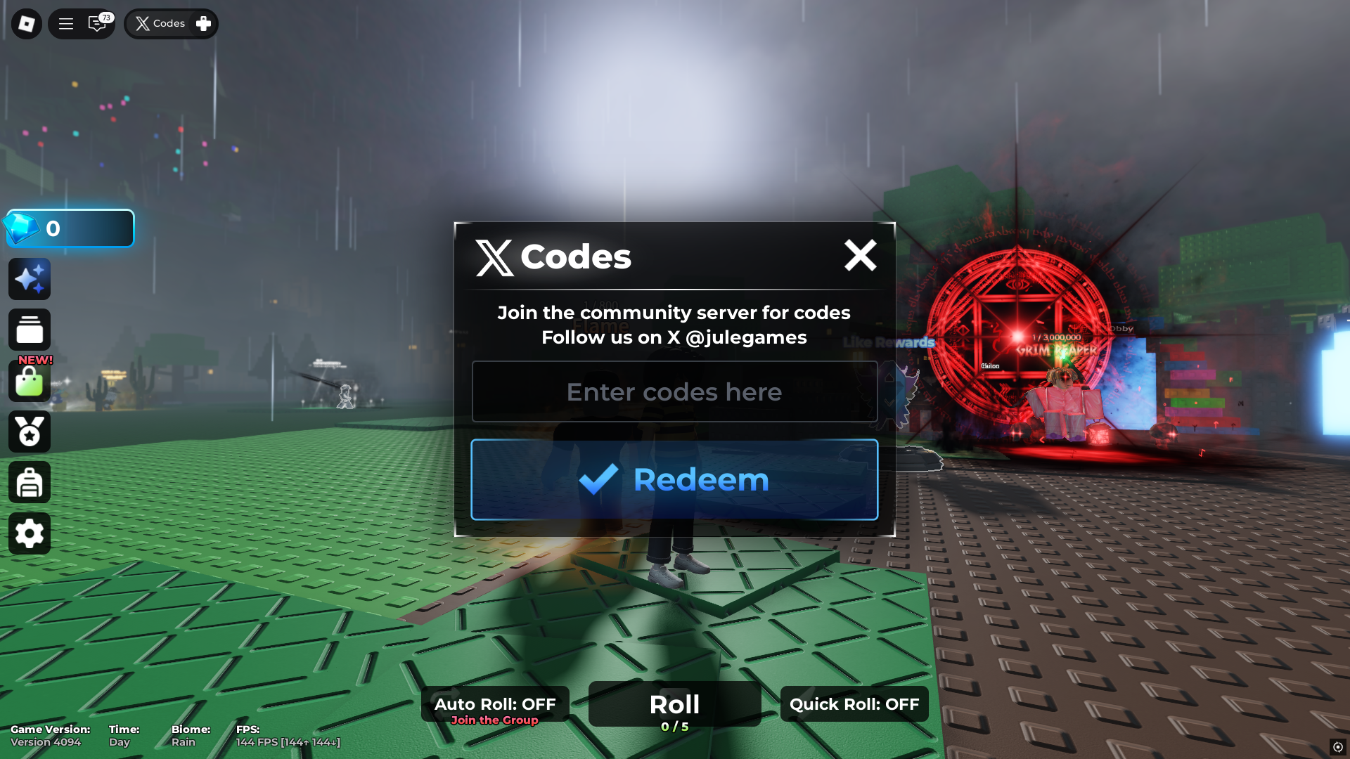 Redeeming codes in Jule’s RNG (Image via Roblox Corporation)