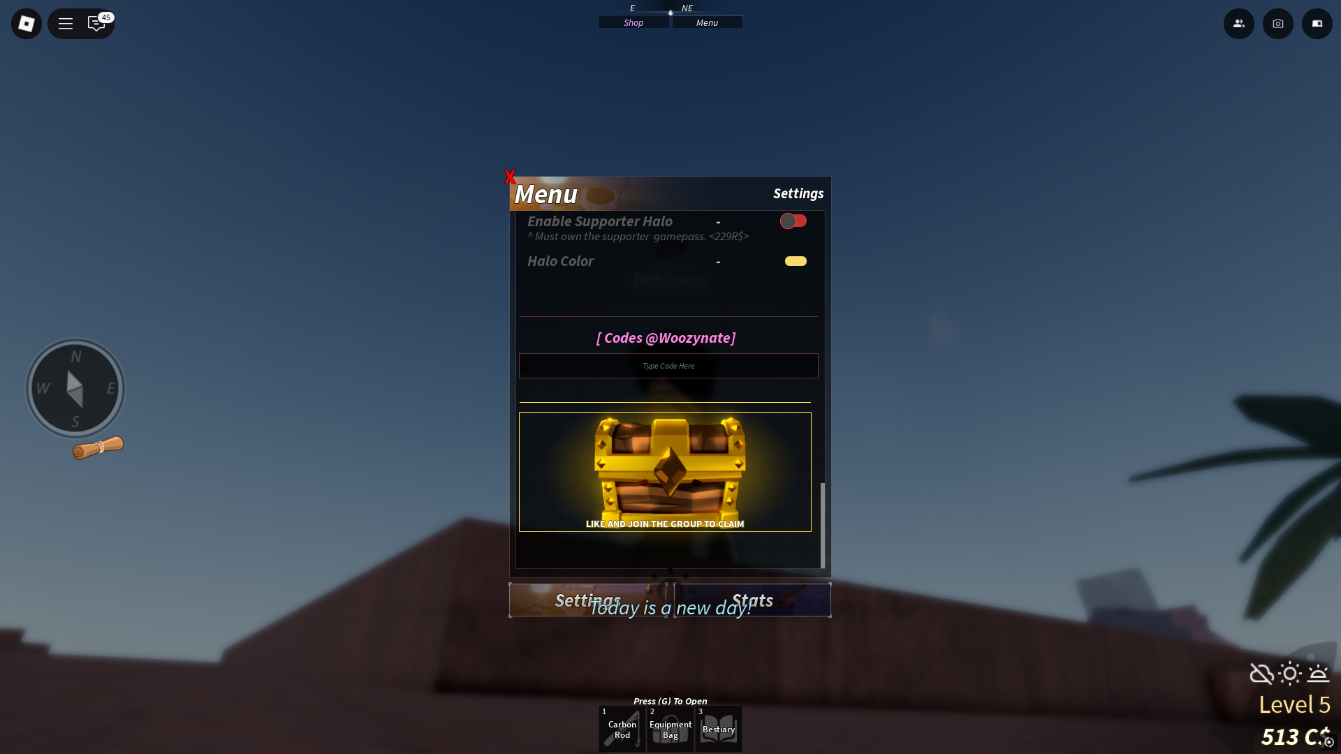 Redeeming codes in Fisch Modded (Image via Roblox)