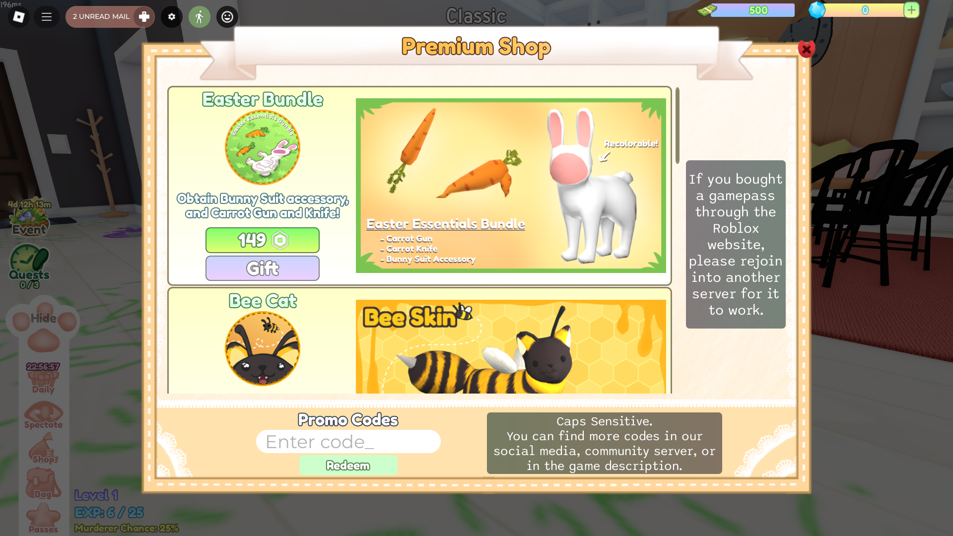 Redeeming codes in Murder Mittens (Image via Roblox)