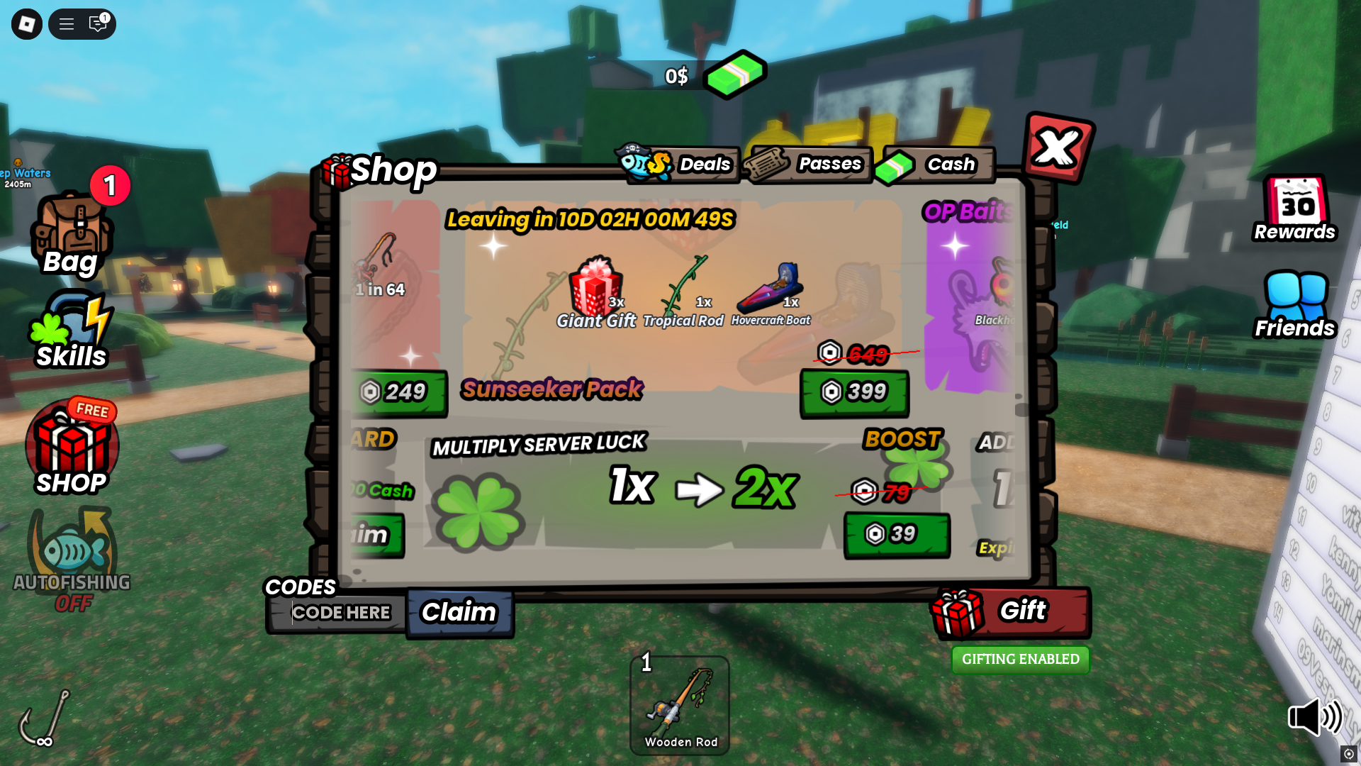 Redeeming codes in Go Fishing (Image via Roblox)