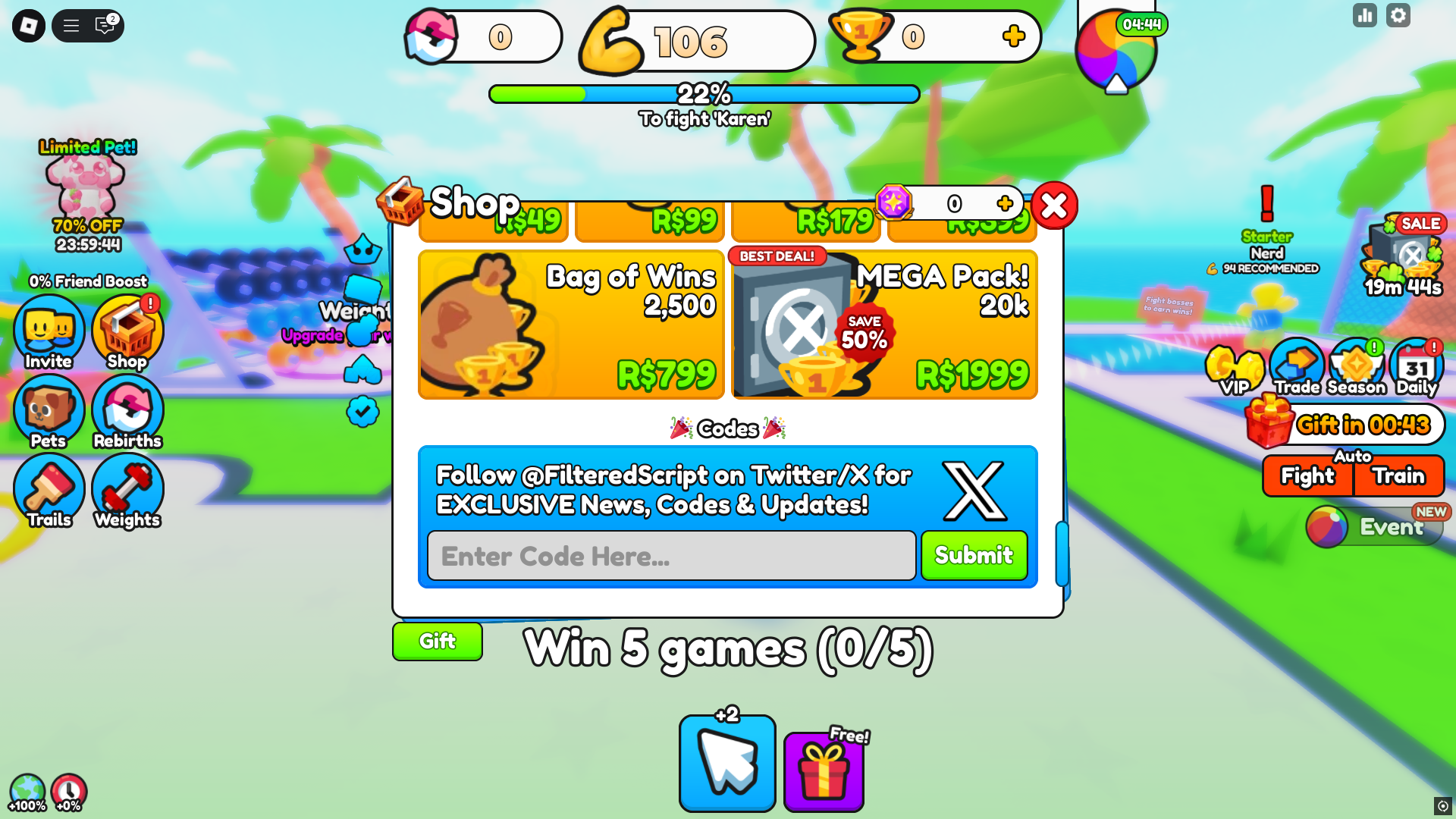 Redeeming codes in Tug of War Simulator (Image via Roblox)