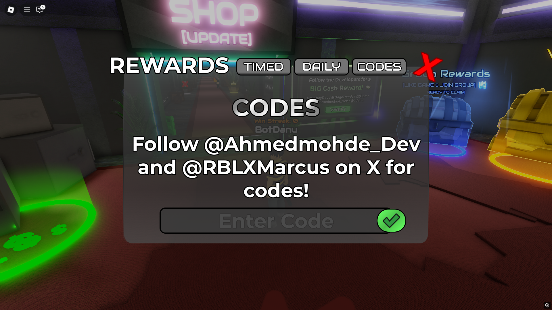 Redeeming codes in Decide or Die (Image via Roblox)