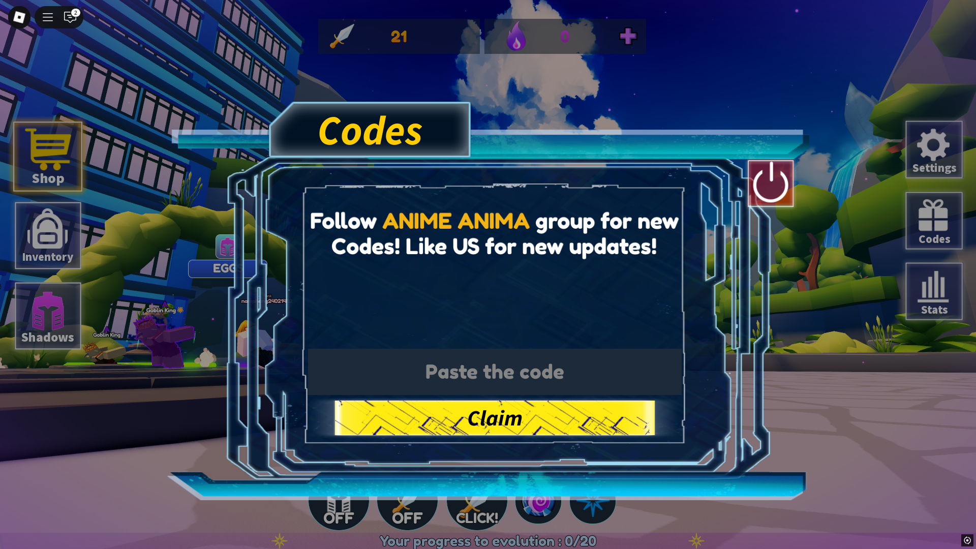 Redeeming codes in Anime Arise Evolution (Image via Roblox)