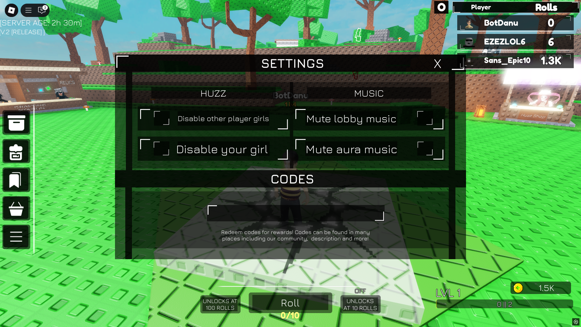 Redeeming codes in Huzz RNG (Image via Roblox)