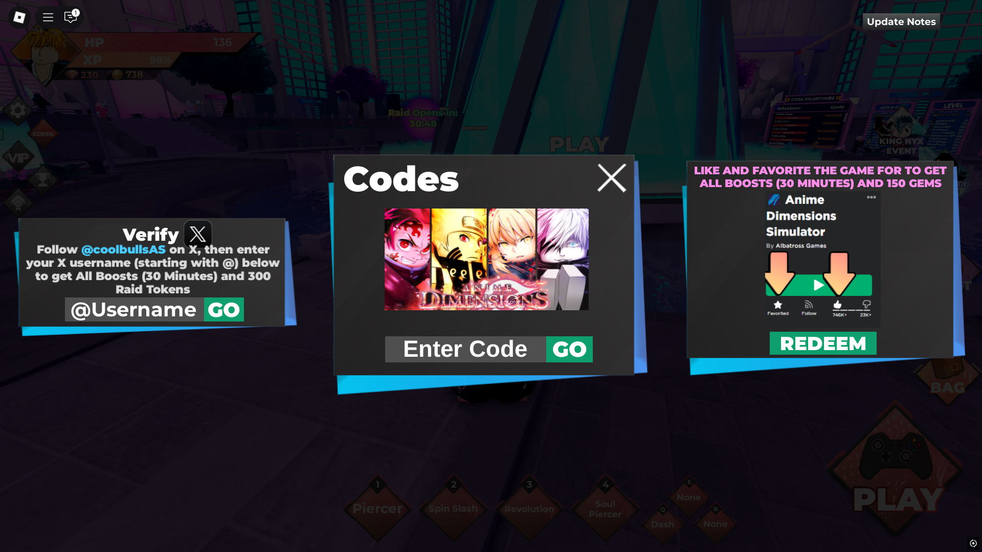 Redeeming codes in Anime Dimensions Simulator (Image via Roblox Corporation)