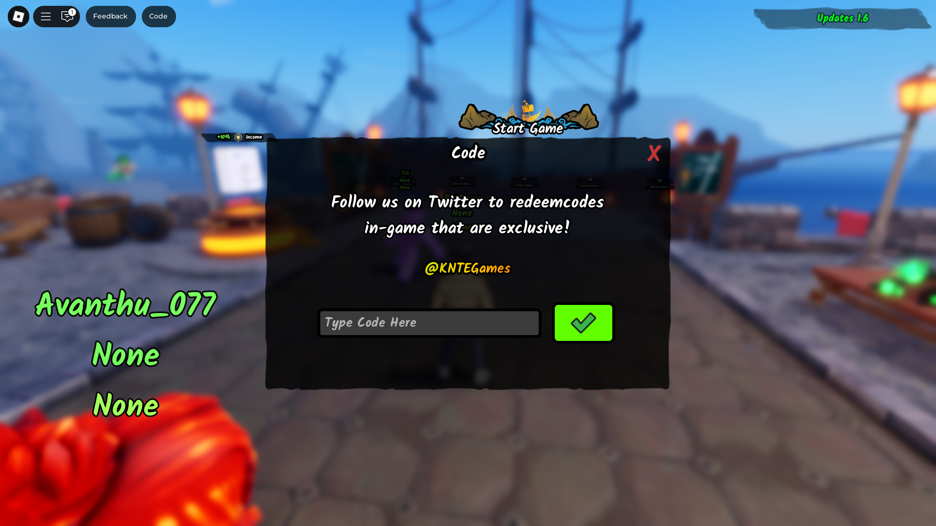 Redeeming codes in Dead Ocean (Image via Roblox)