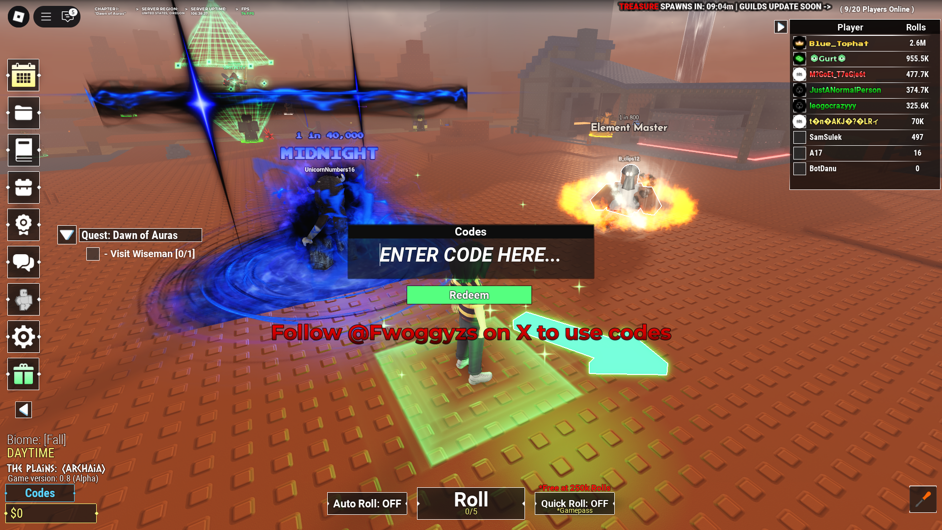 Redeeming codes in Unknown RNG (Image via Roblox)