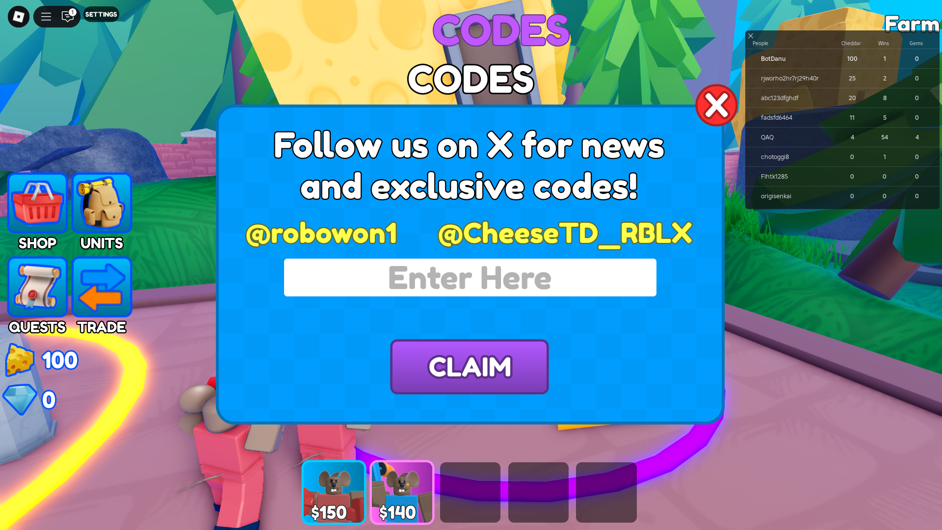 Redeeming codes in Cheese TD (Image via Roblox)