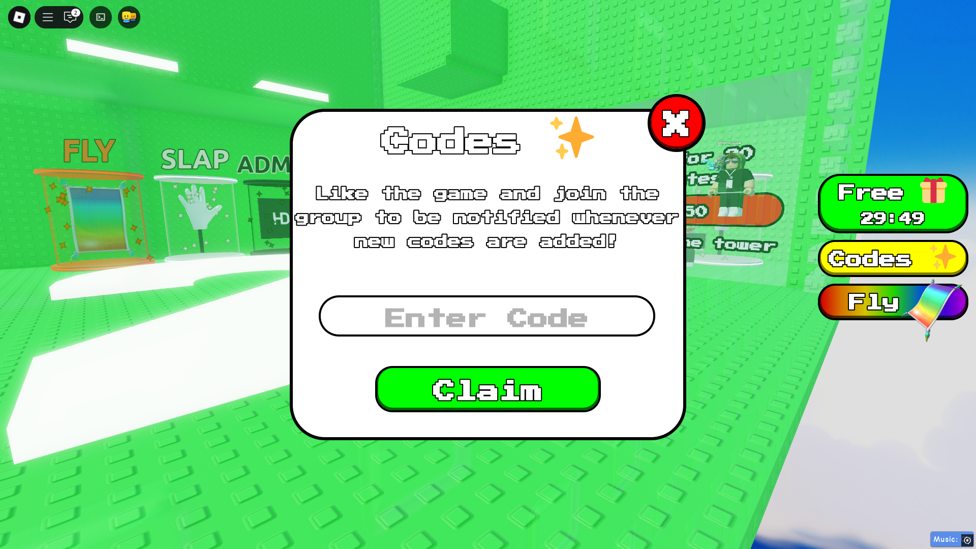 Redeeming codes in Fun Troll Tower 2 (Image via Roblox)