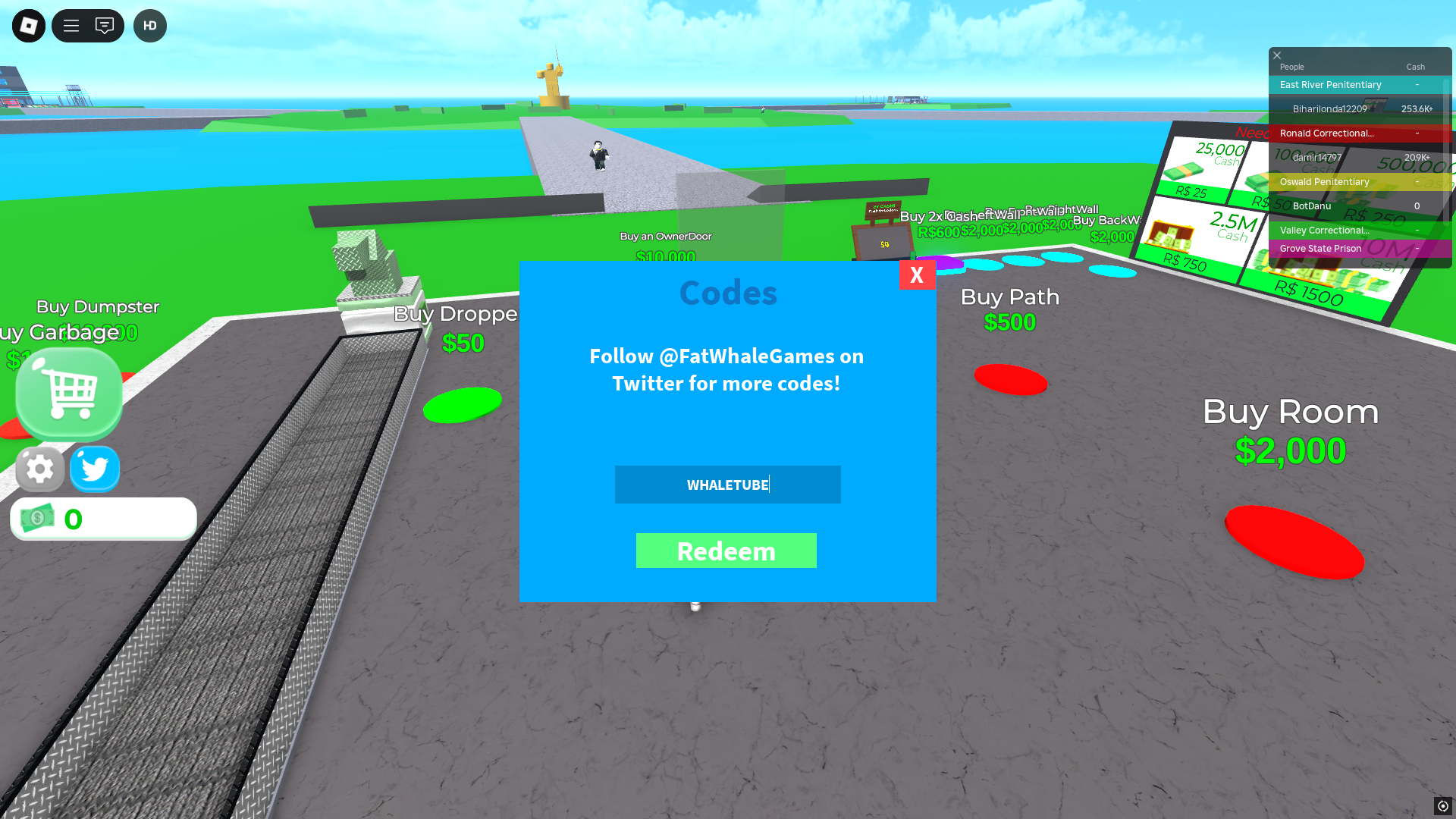 Redeeming codes in Prison Base Tycoon (Image via Roblox)
