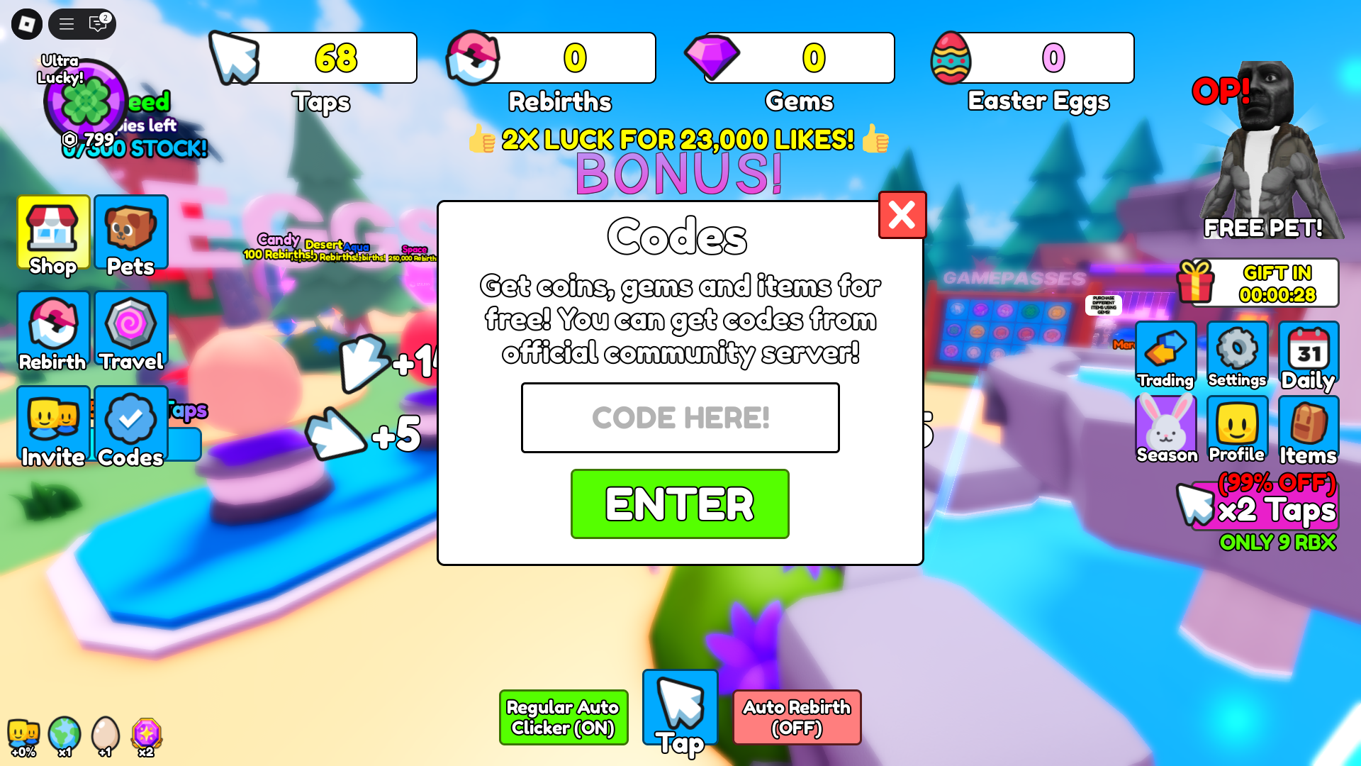 Redeeming codes in Clicking Universe (Image via Roblox)