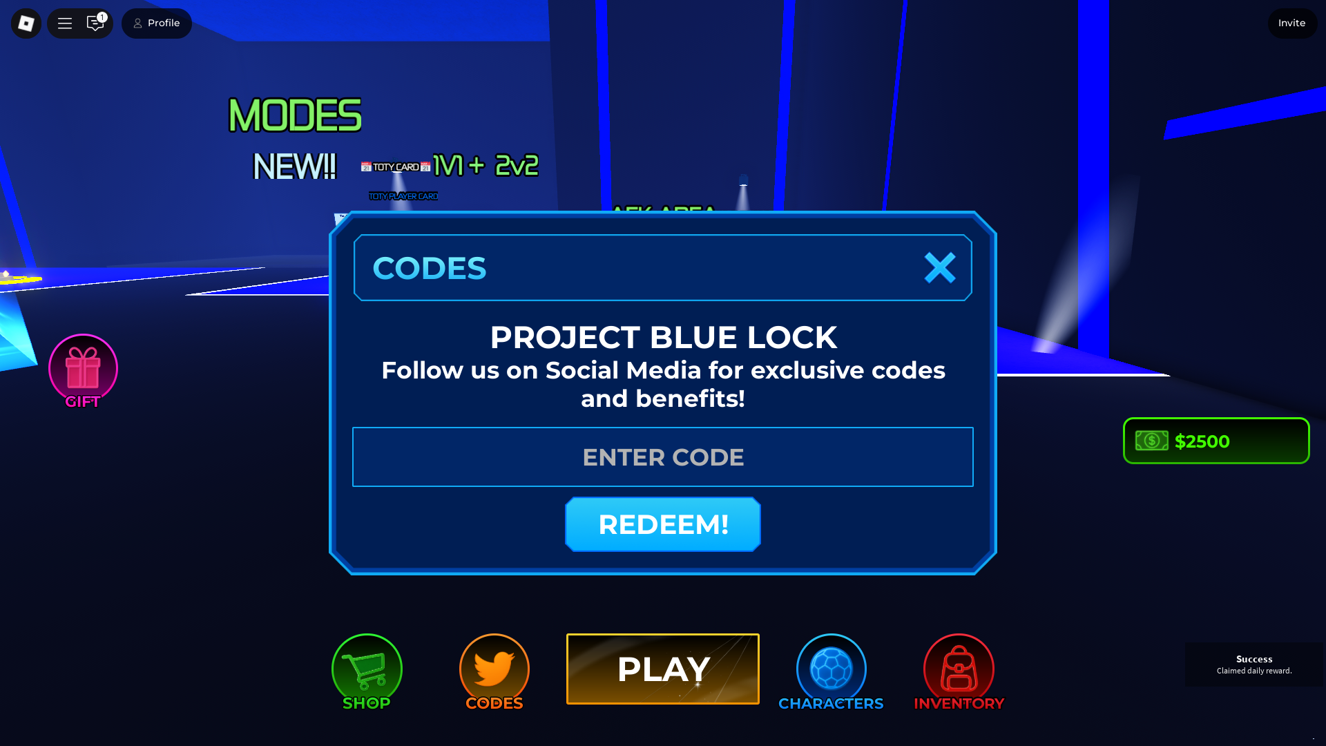 Redeeming codes in Project Blue Lock (Image via Roblox)