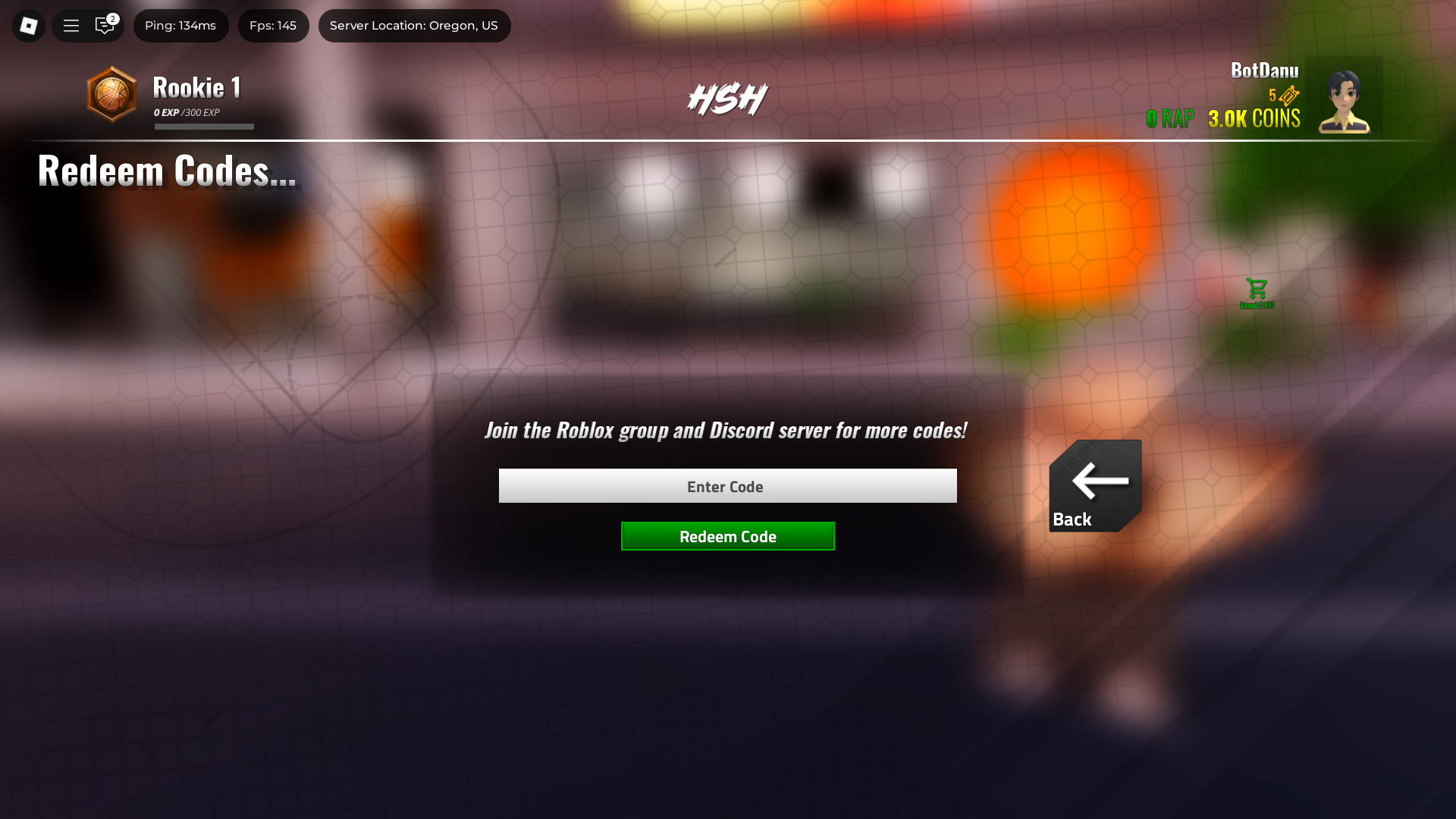 Redeeming codes in Highschool Hoops (Image via Roblox)