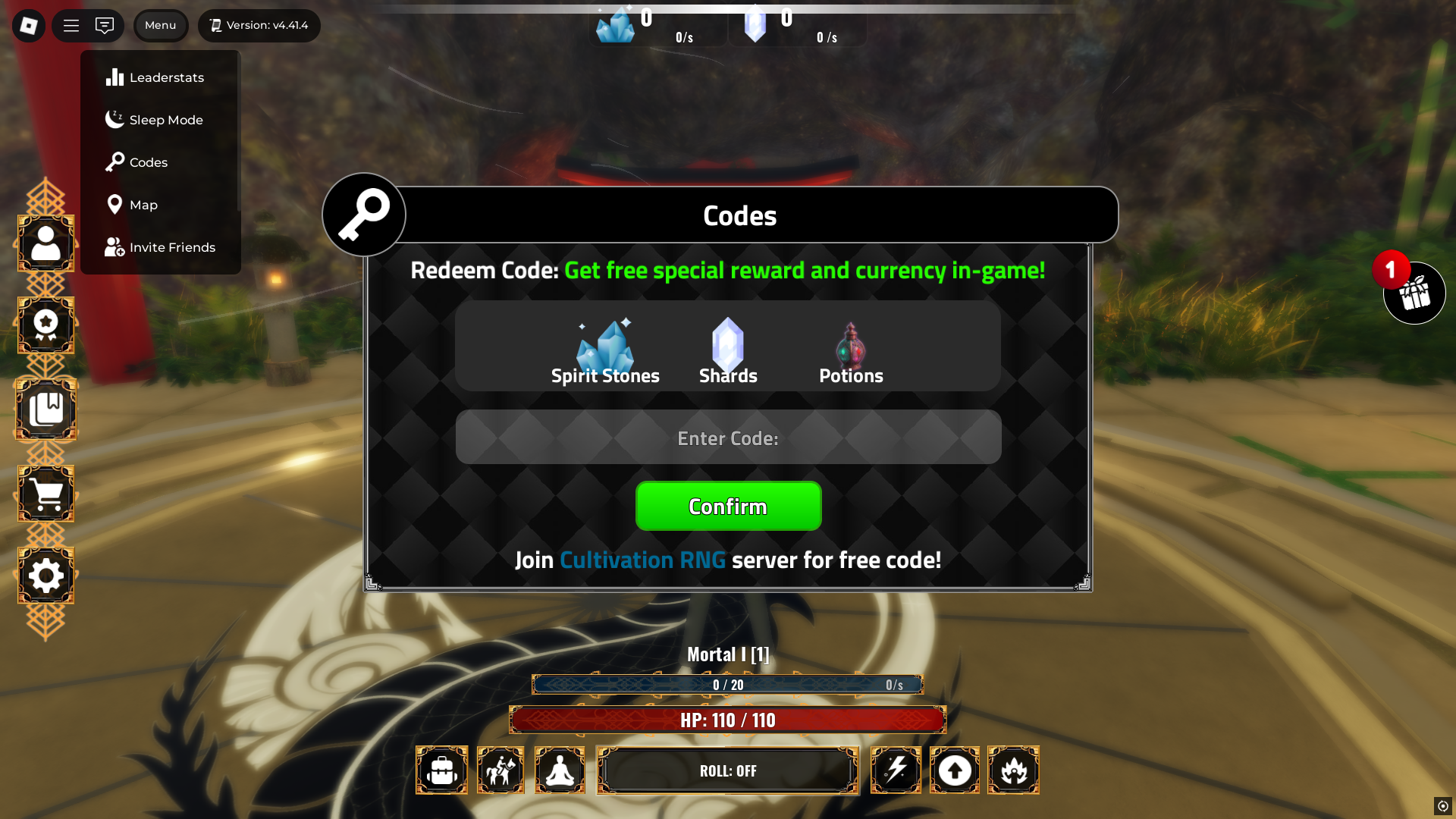 Redeeming codes in Cultivation RNG (Image via Roblox)
