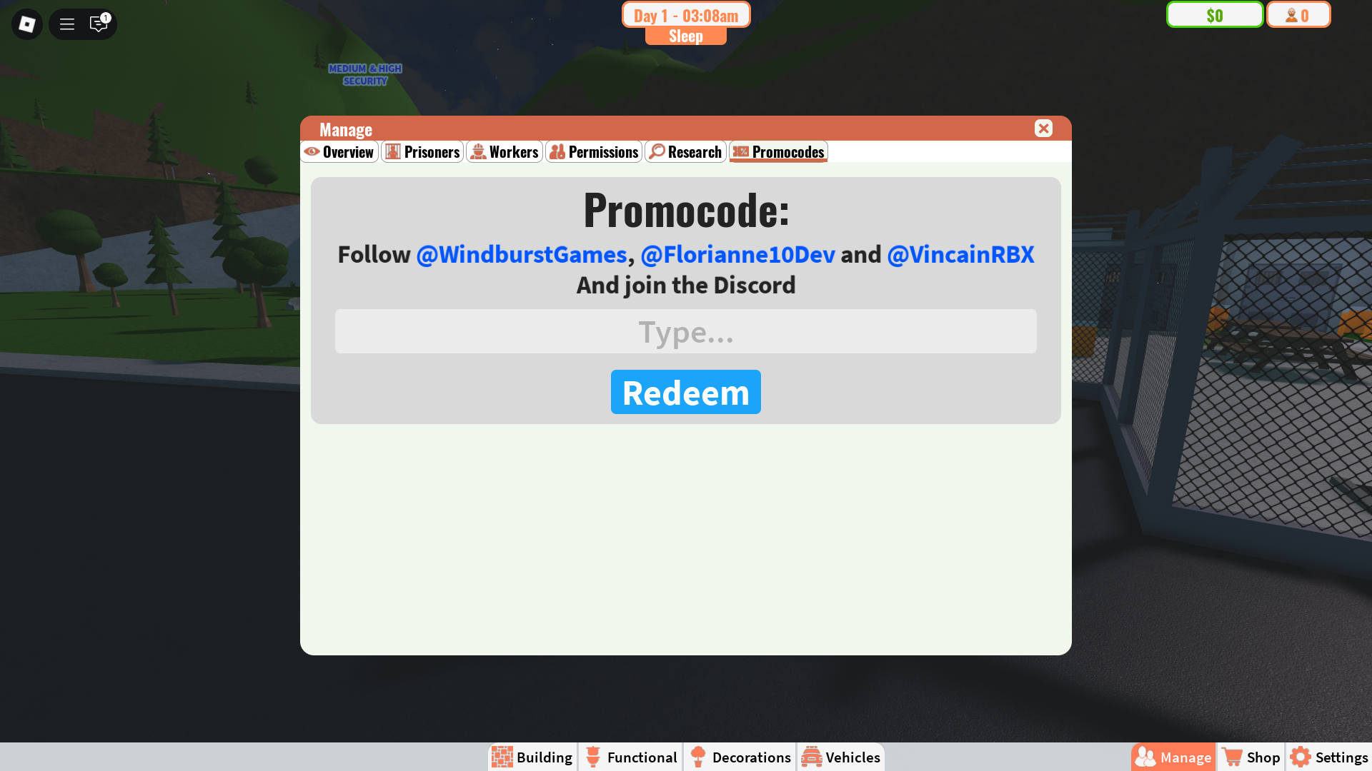 Redeeming codes in My Prison (Image via Roblox)