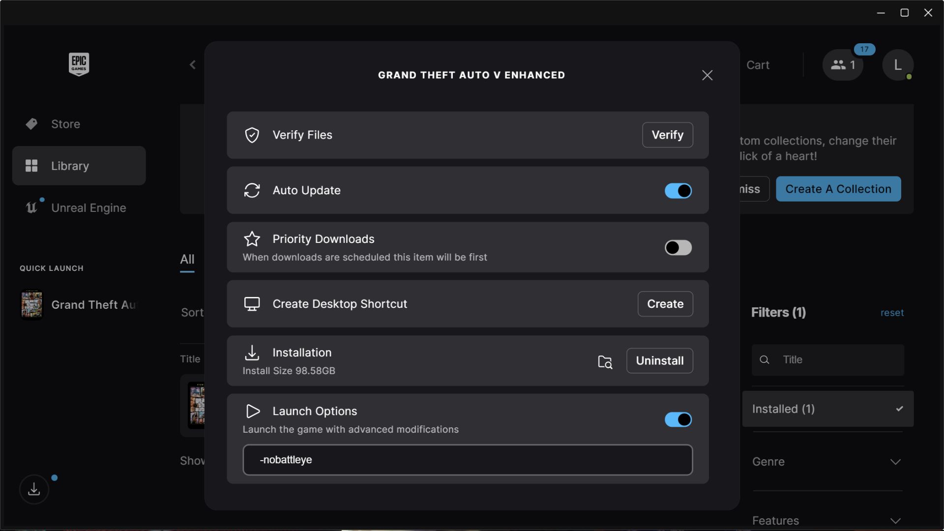 Disable Battle-Eye for GTA 5 in Epic Games Launcher