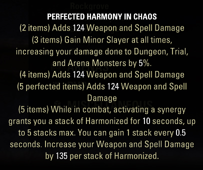 ESO Perfected Harmony in Chaos 5 piece set tooltip