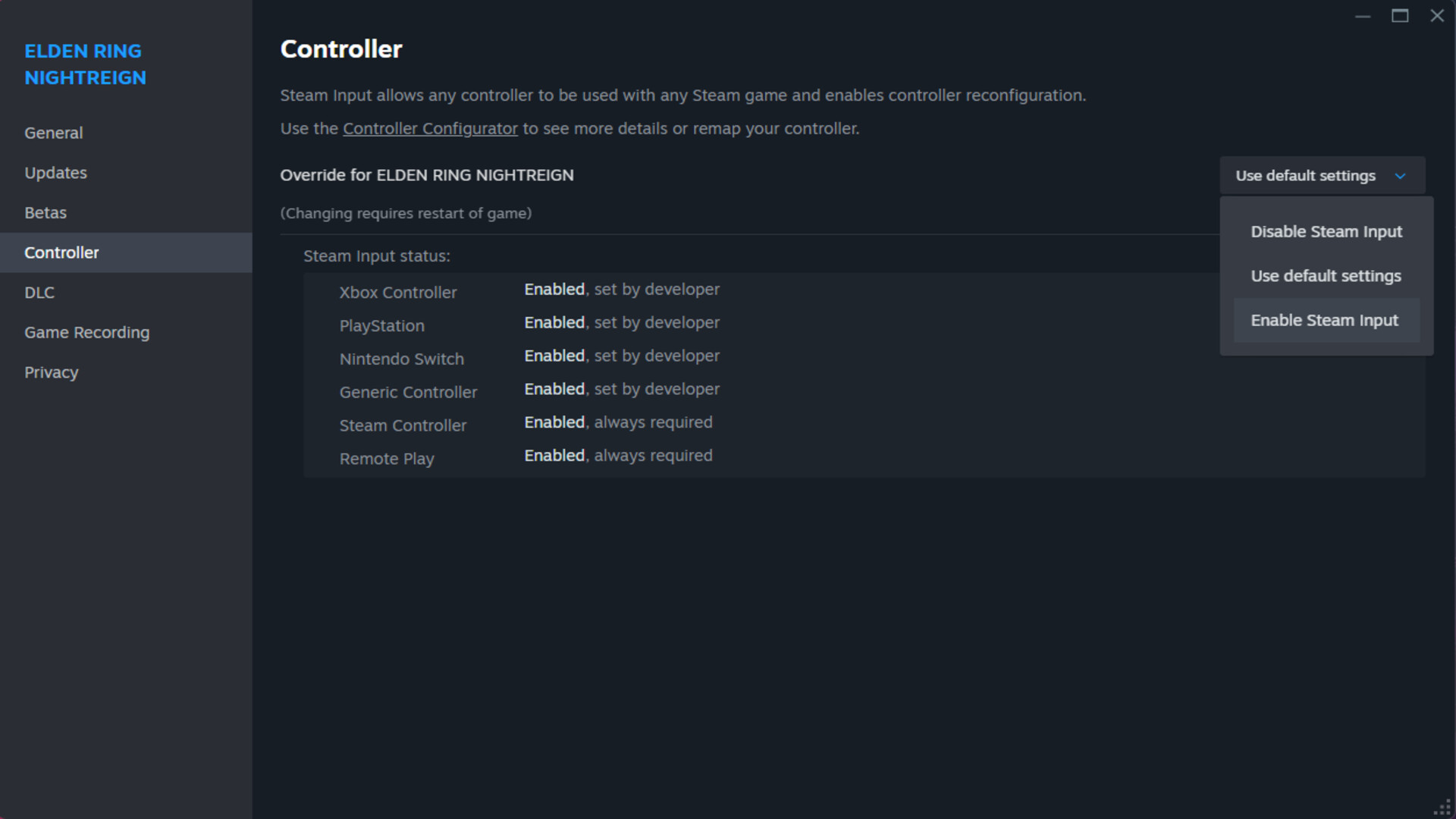 Enable Steam Input for Controller to fix the not found error in Elden Ring Nightreign.