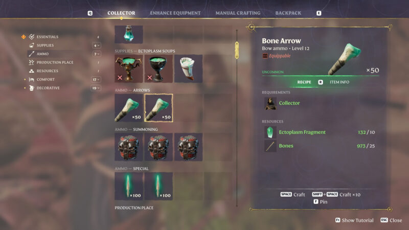 Enshrouded Bone Arrow crafting recipe with the Collector